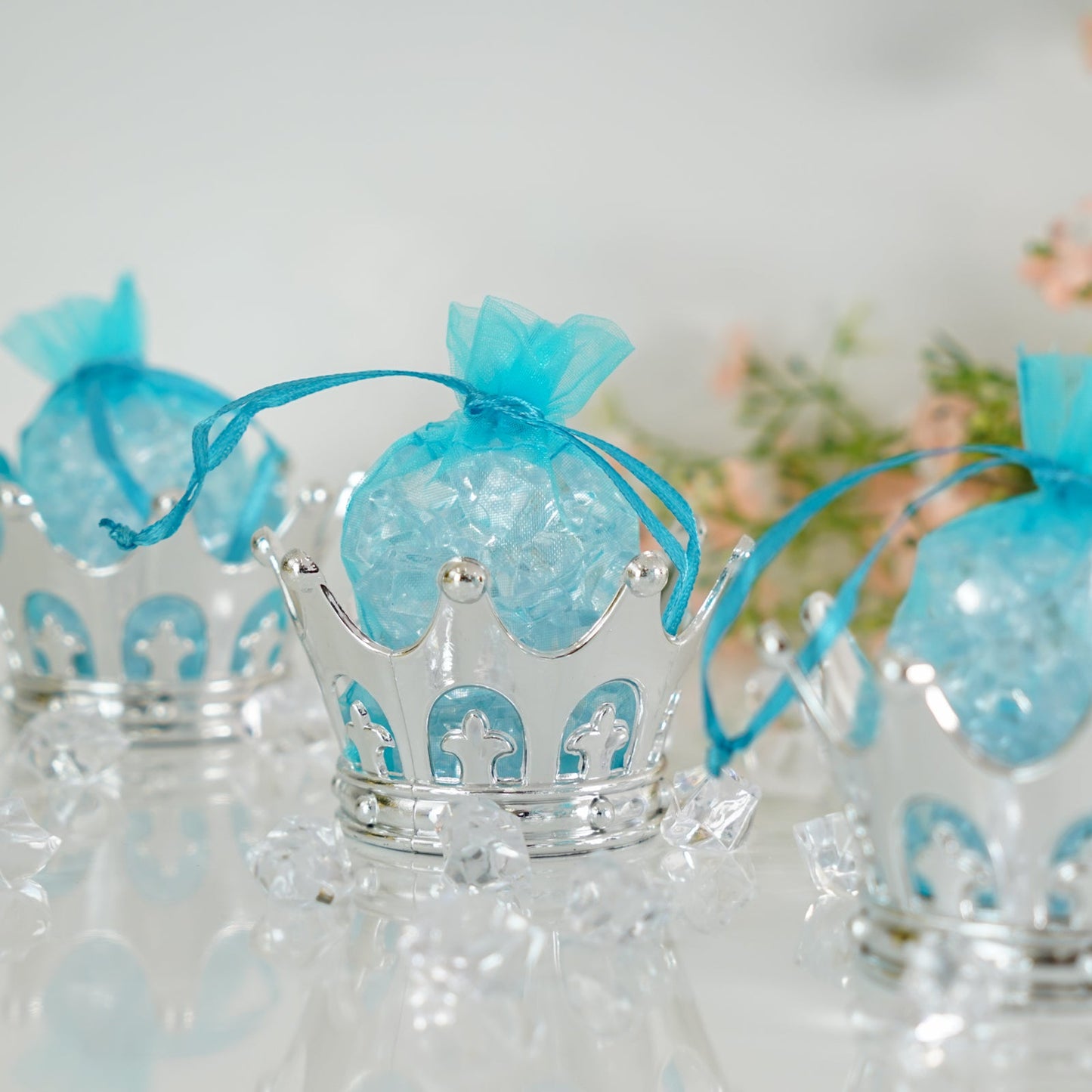 Silver fillable mini crown party favor candy treat containers.