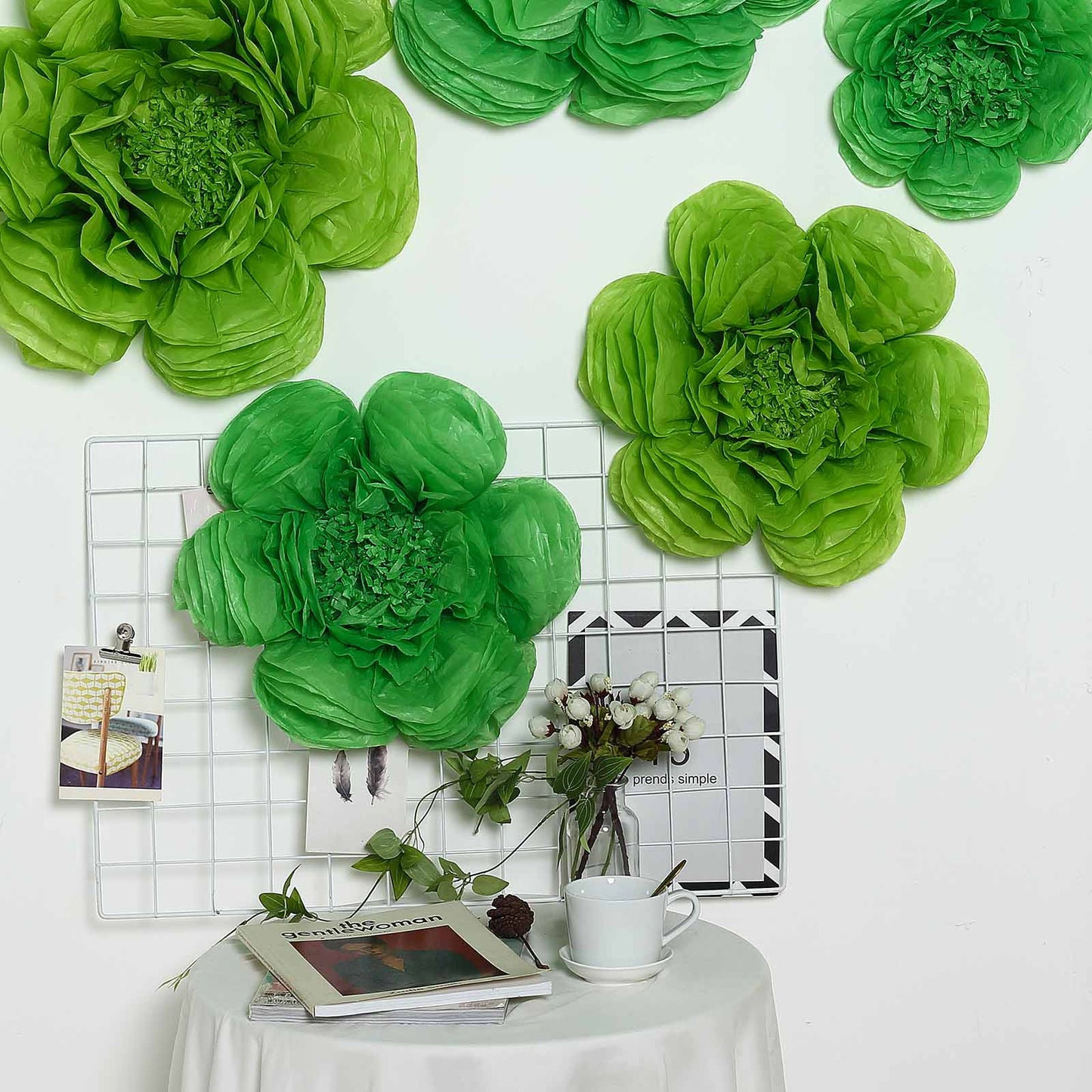 Pack of 6 mint and apple green assorted size paper peony flowers.