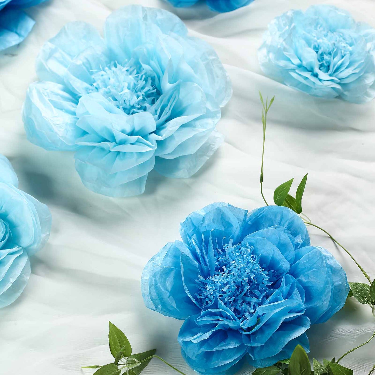 Pack of 6 Periwinkle and Turquoise Paper Peony Flowers in assorted sizes