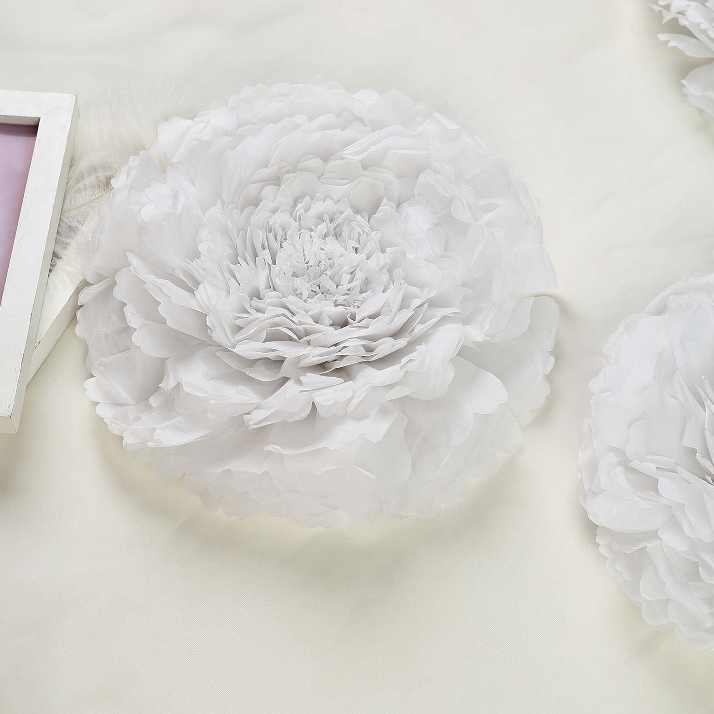 Carnation white 3D wall tissue paper flowers in multi sizes.