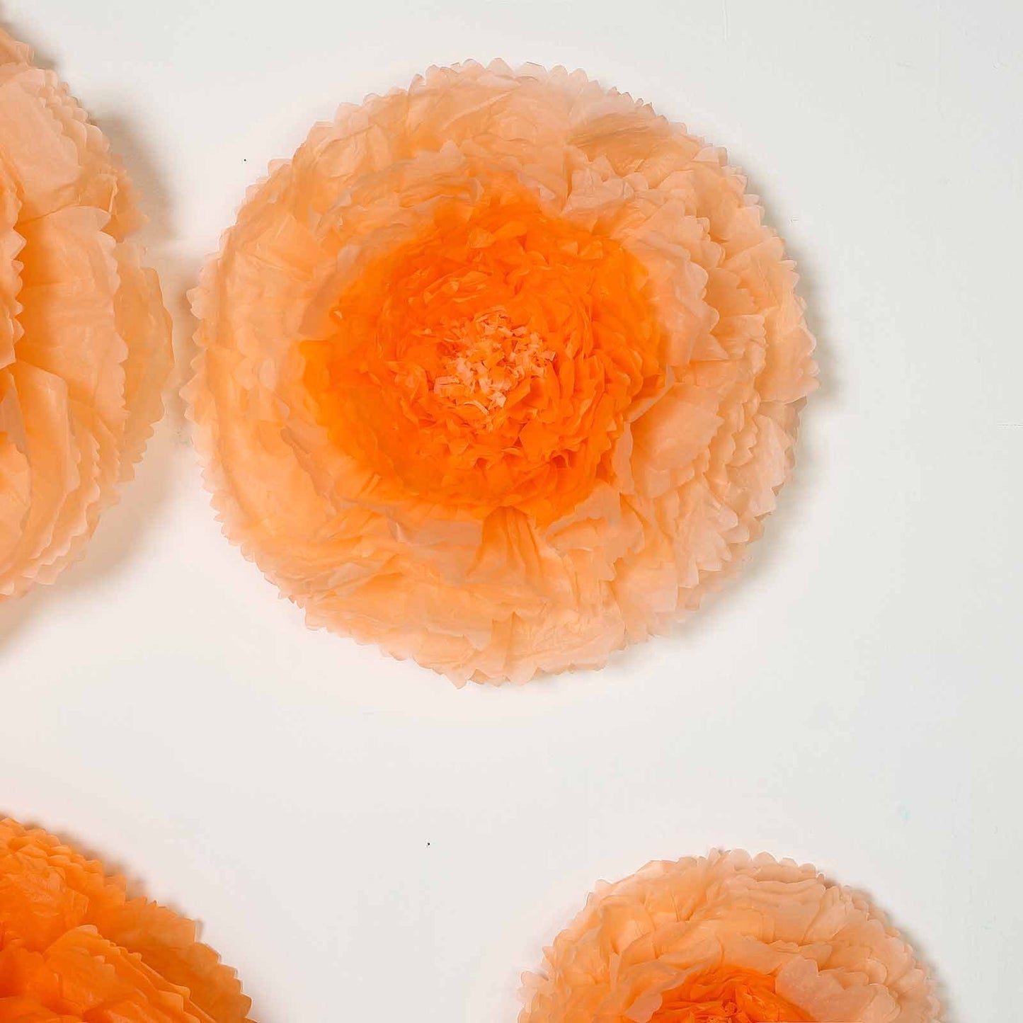 Pack of 6 coral and orange 3D giant paper flowers for wedding backdrops.