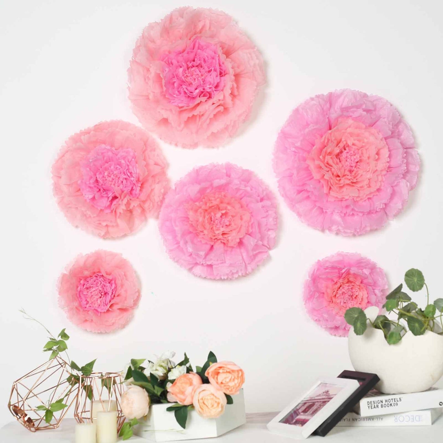 Blush pink multi-size 3D giant paper flowers for wedding wall decor.
