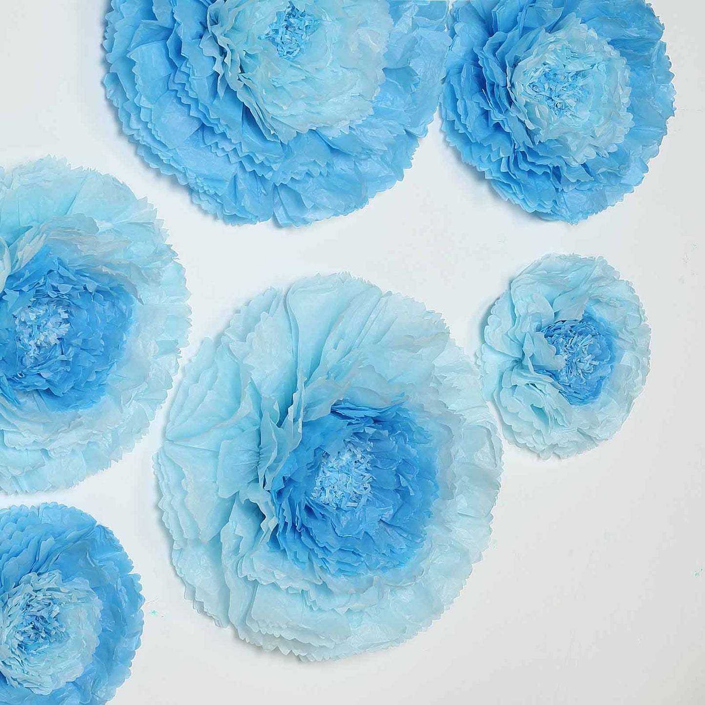Aqua blue multi-size carnation 3D giant paper flowers for backdrops.