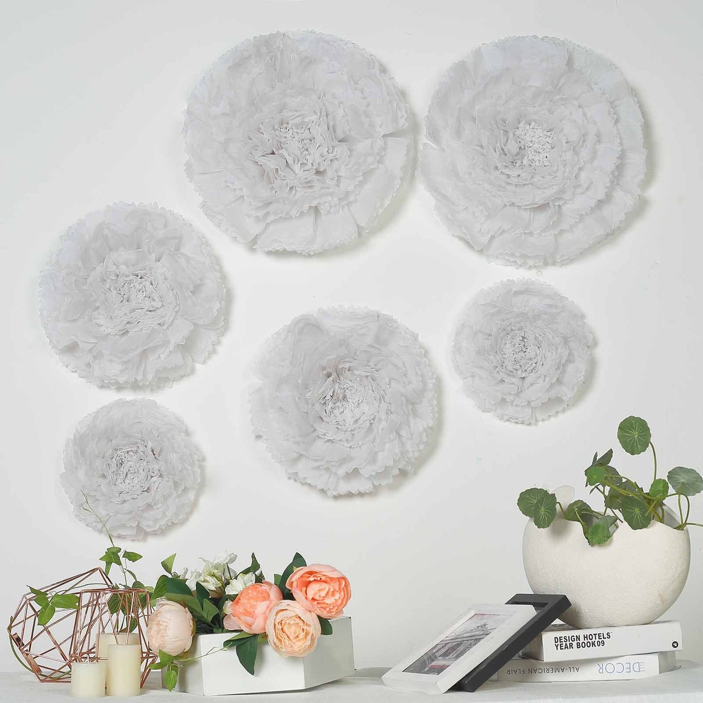 White multi-size carnation 3D giant paper flowers wall decor.