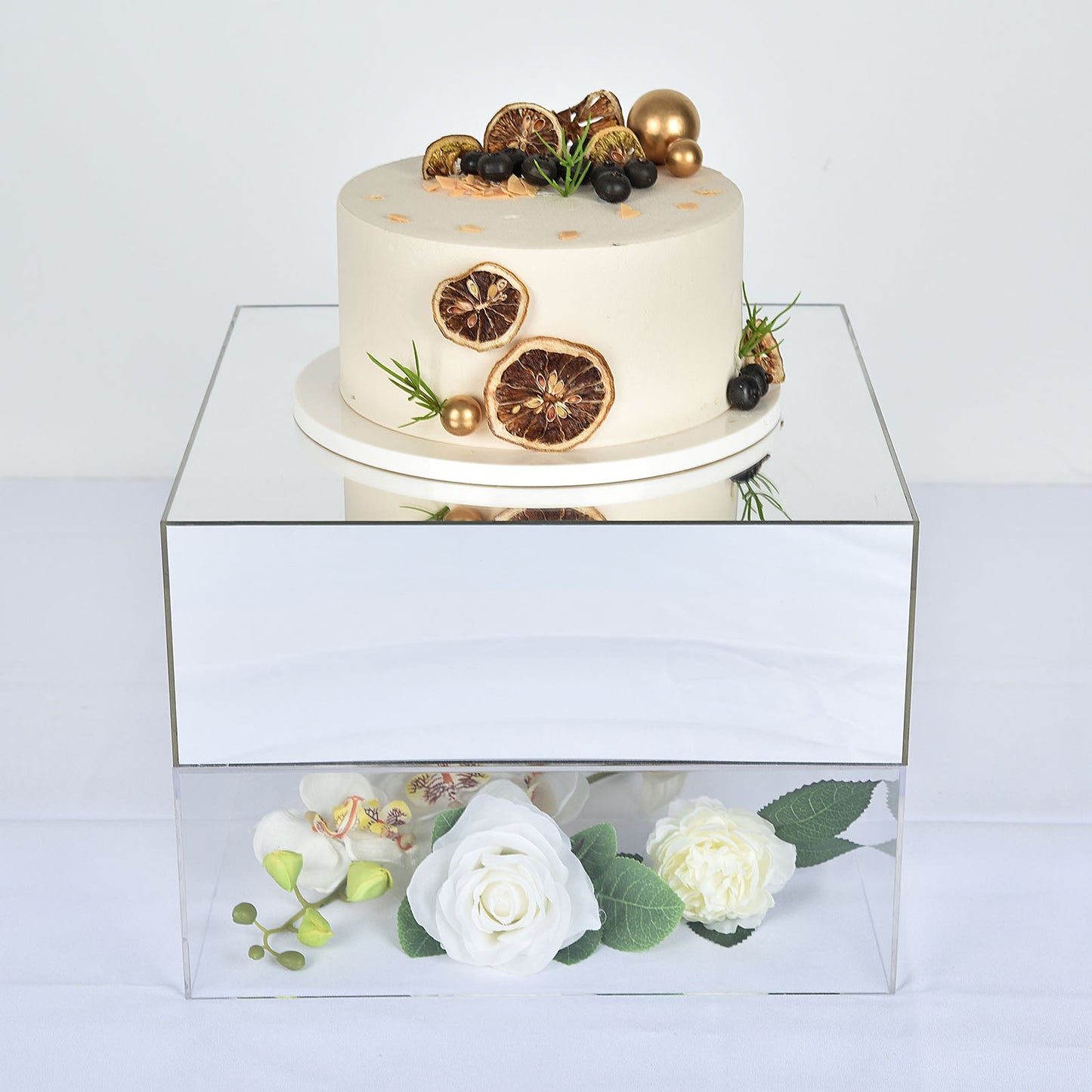 Silver Acrylic 14 Inch x 14 Inch Pedestal Riser Mirror Finish Cake Stand Display Box with Hollow Bottom
