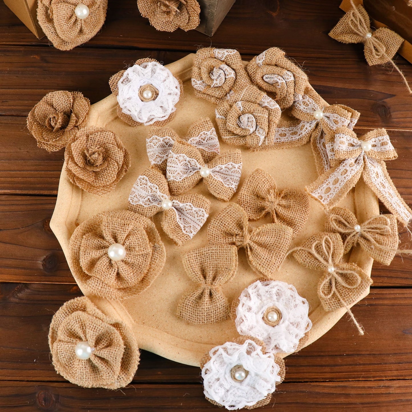 Natural burlap flower and bows set with lace ribbon, 24 pieces.