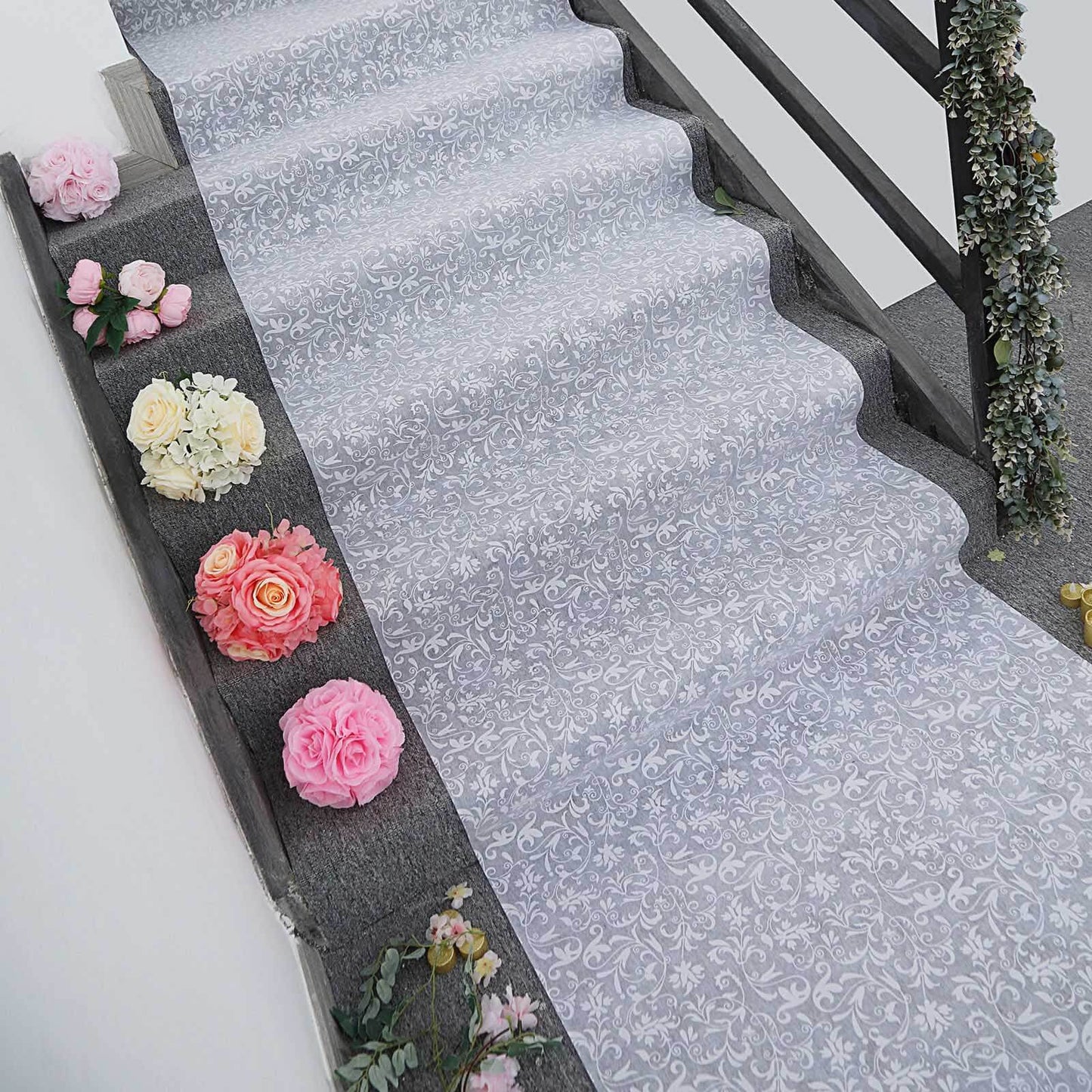 White Aisle Runner With Floral Lace 36 Inch x 100 Feet