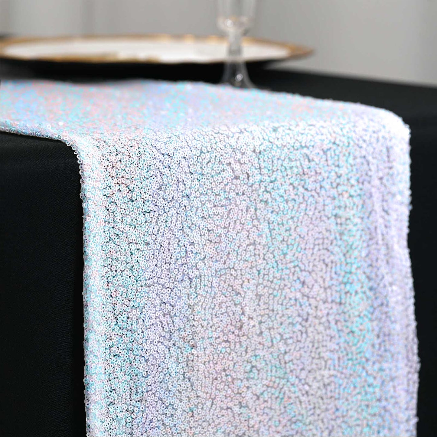 Iridescent Blue 12 Inch x 108 Inch Premium Sequin Table Runner#whtbkgd