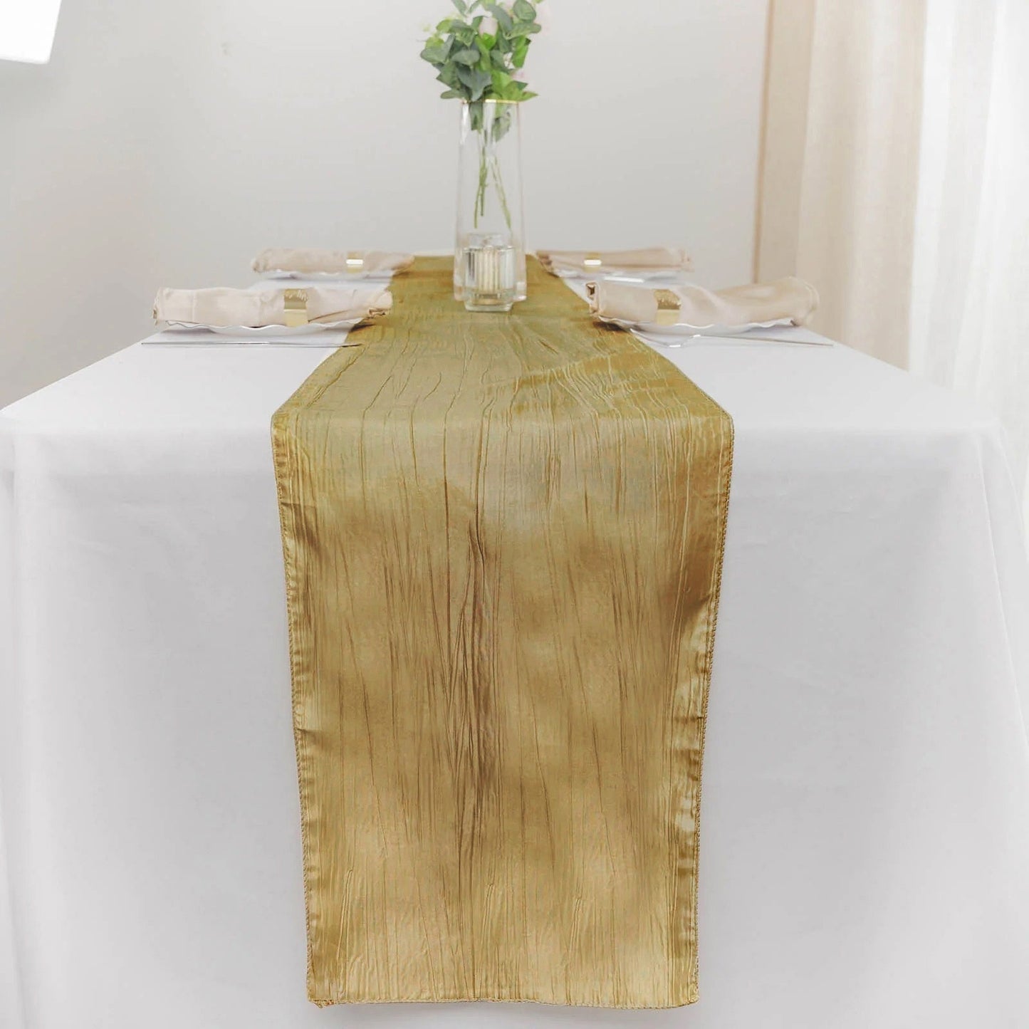 12"x108" Accordion Crinkle Taffeta Table Runner, Elegant Linen Runner - Gold