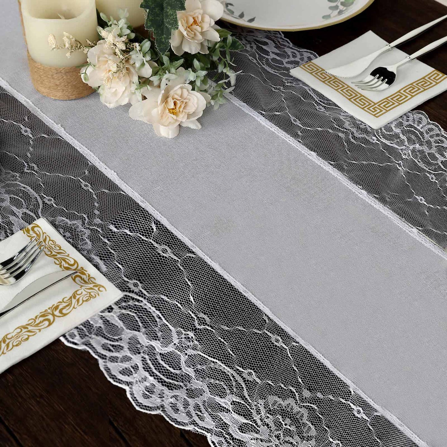 White faux burlap table runner with lace edging for rustic decor.