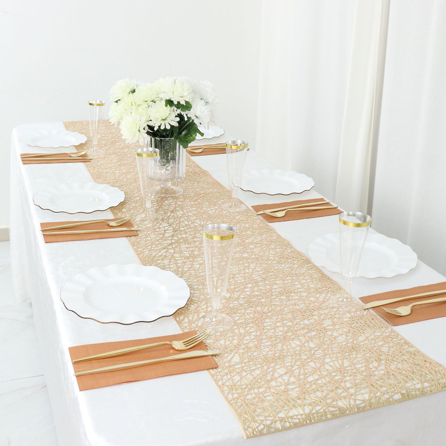 Metallic gold non-slip woven vinyl table runner on a dining table.