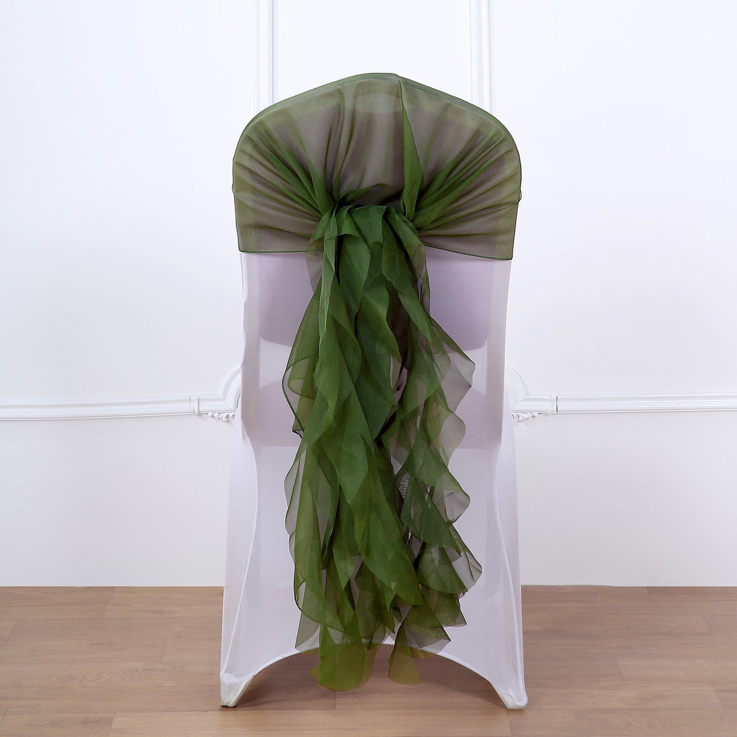 Olive green curly chiffon chair sash with a 6-strand ribbon tie.