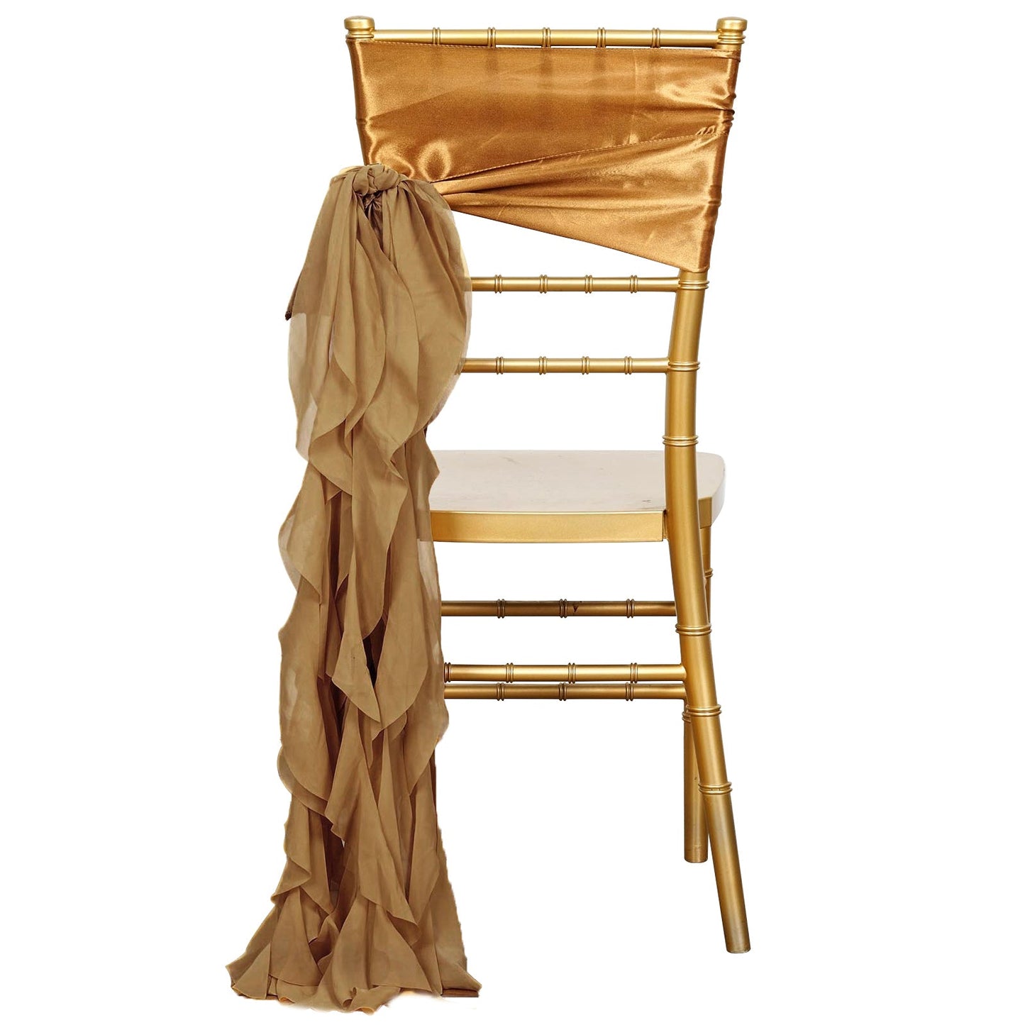 Gold Curly Chiffon Chair Sash 32" Long with 6-Strand Ribbon Tie