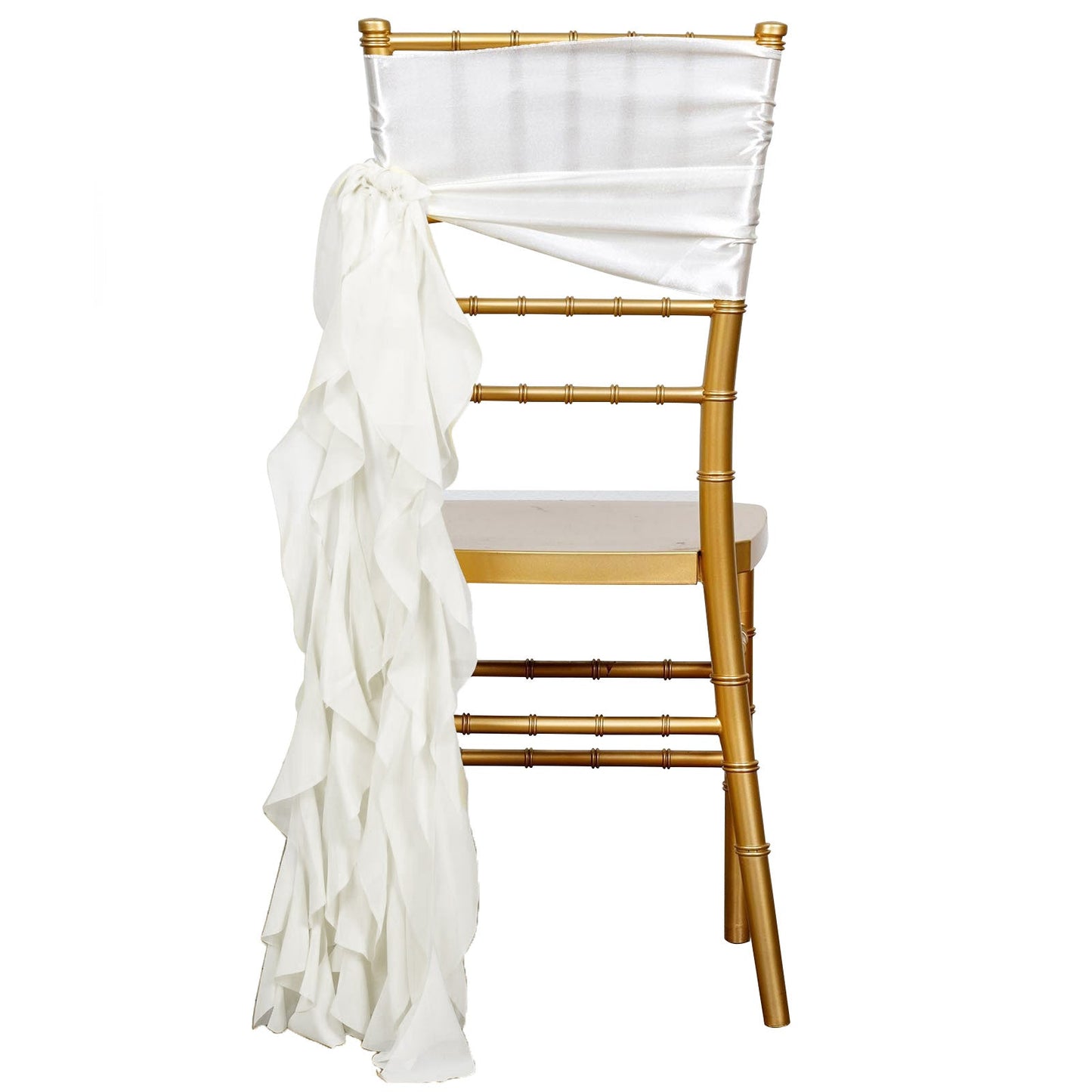 Ivory curly chiffon chair sash with gold chair backdrop.