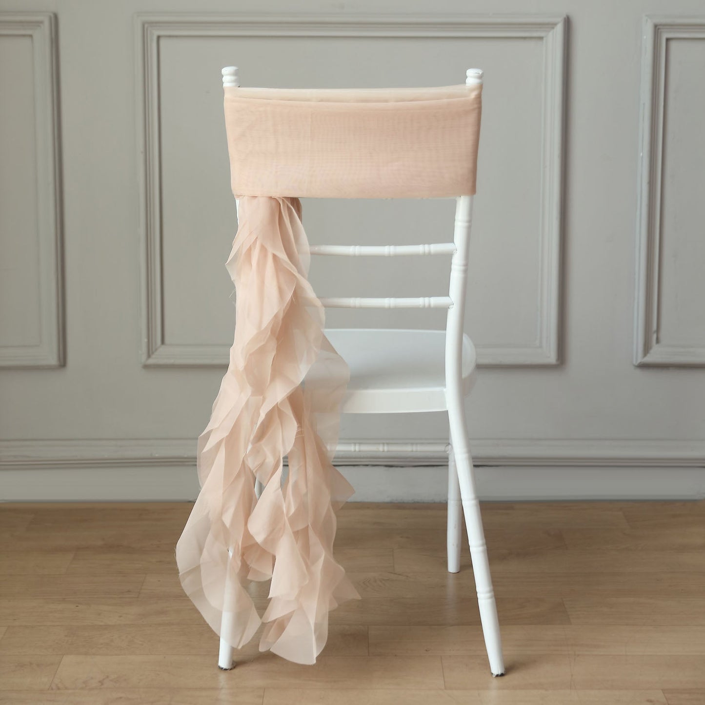 Nude chiffon chair sash with a ruffled design, 32" long.