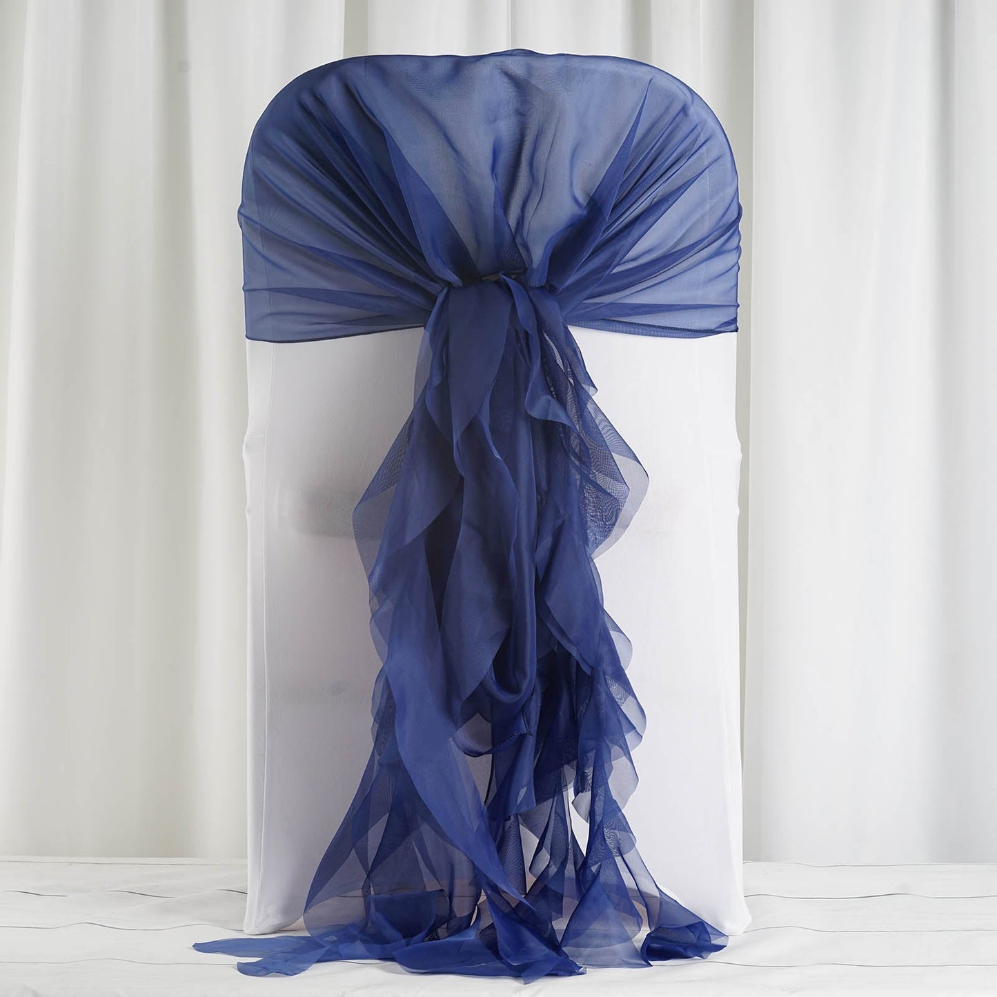 Navy Blue Ruffled Chiffon Willow Chair Hood Sashes