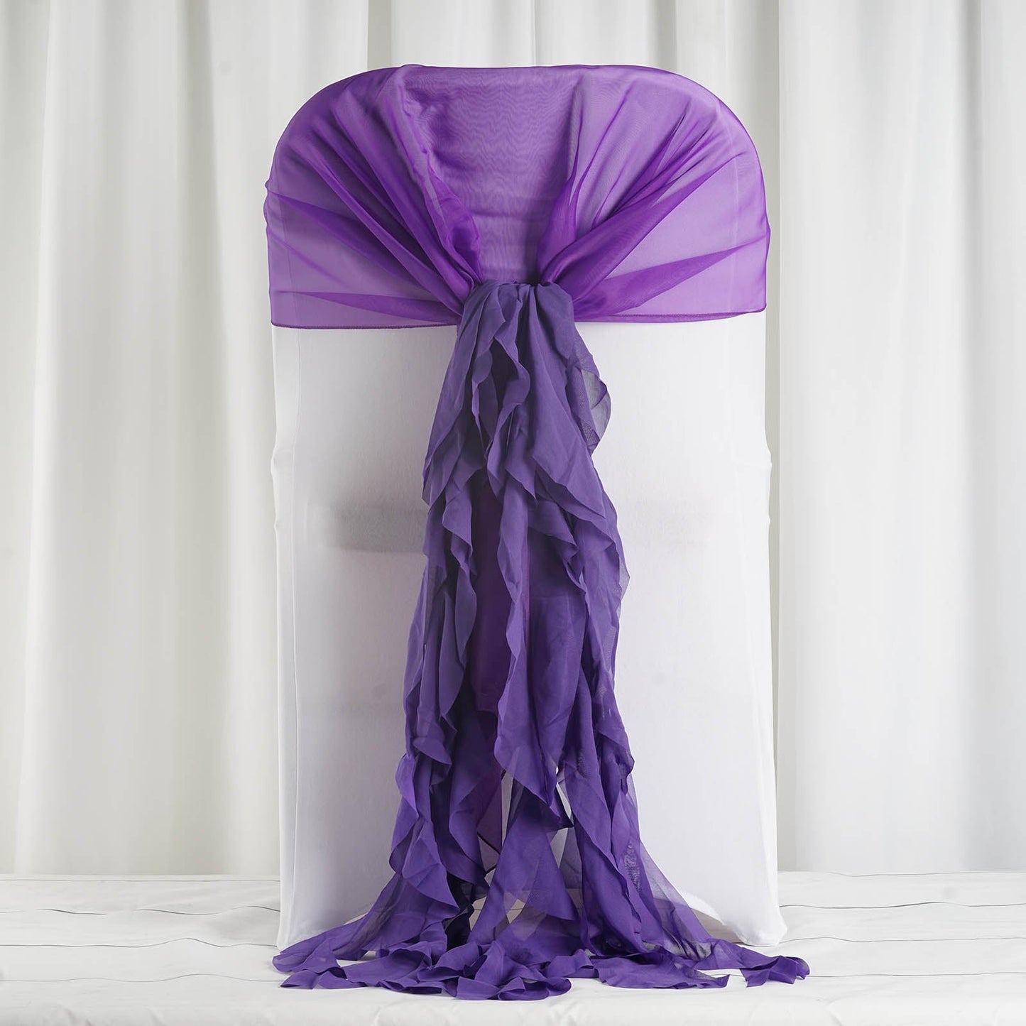 Purple Ruffles Chair Hoods With Willow Chiffon Sashes
