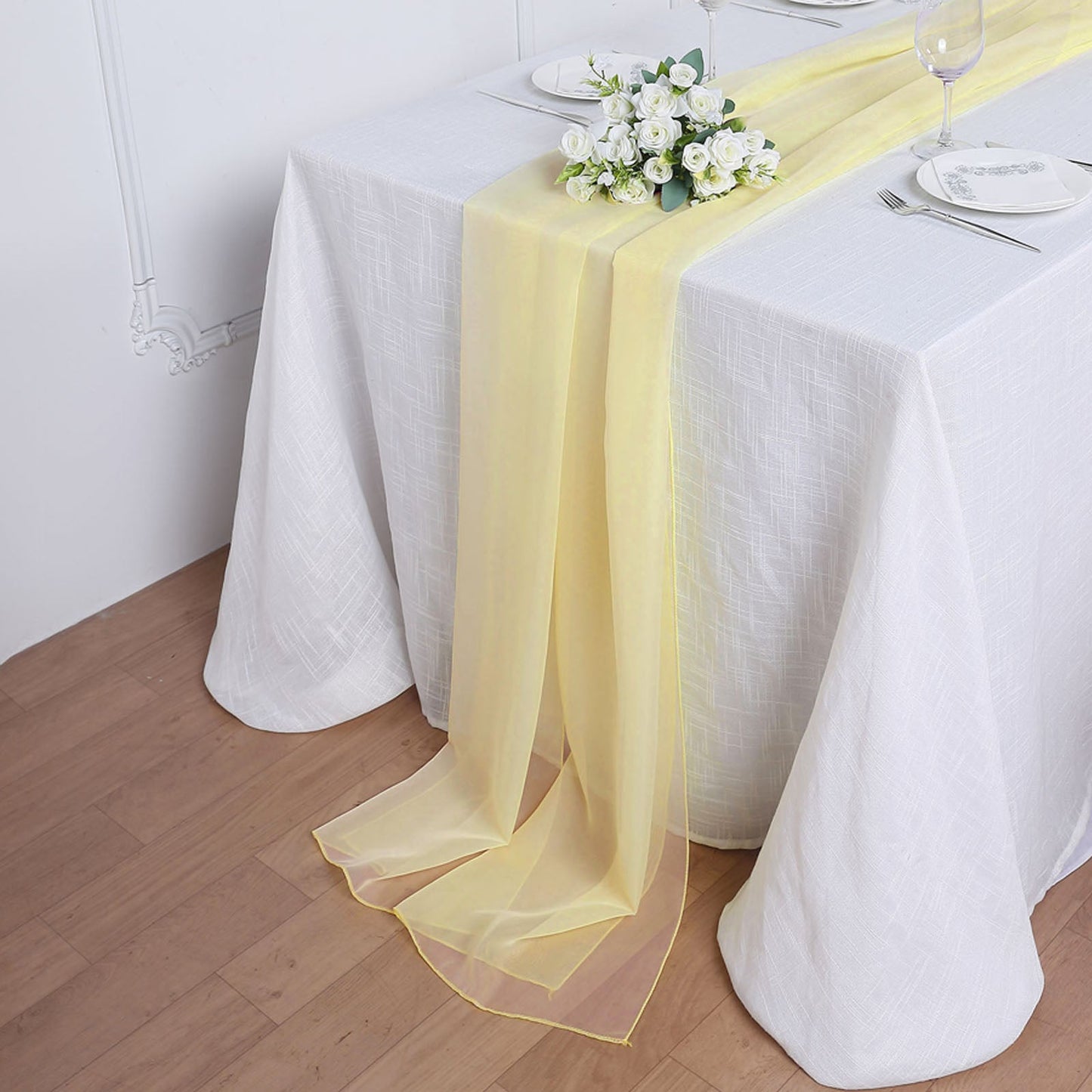6ft yellow chiffon table runner on a white table setting.