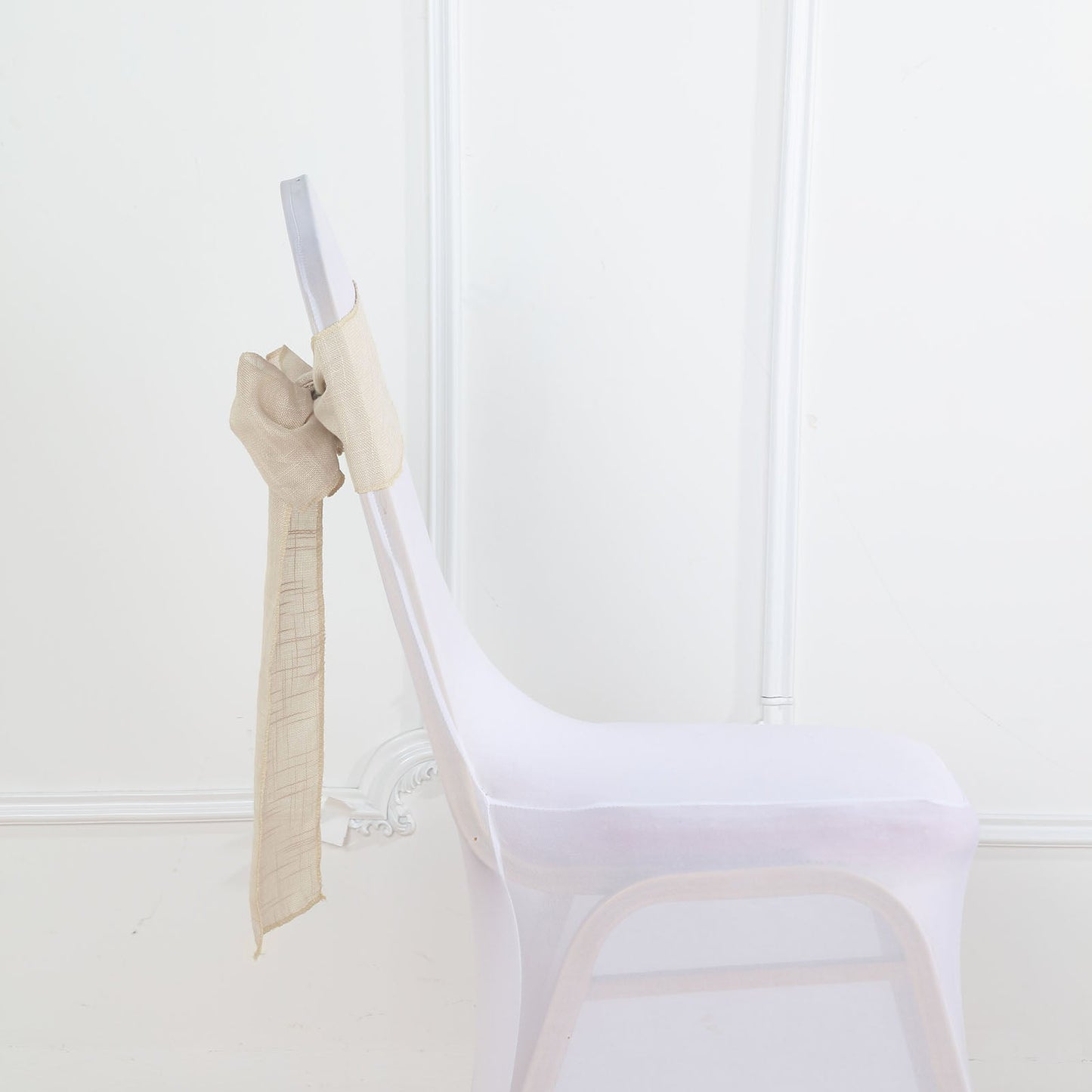 Beige linen chair sash with slubby texture, wrinkle resistant.