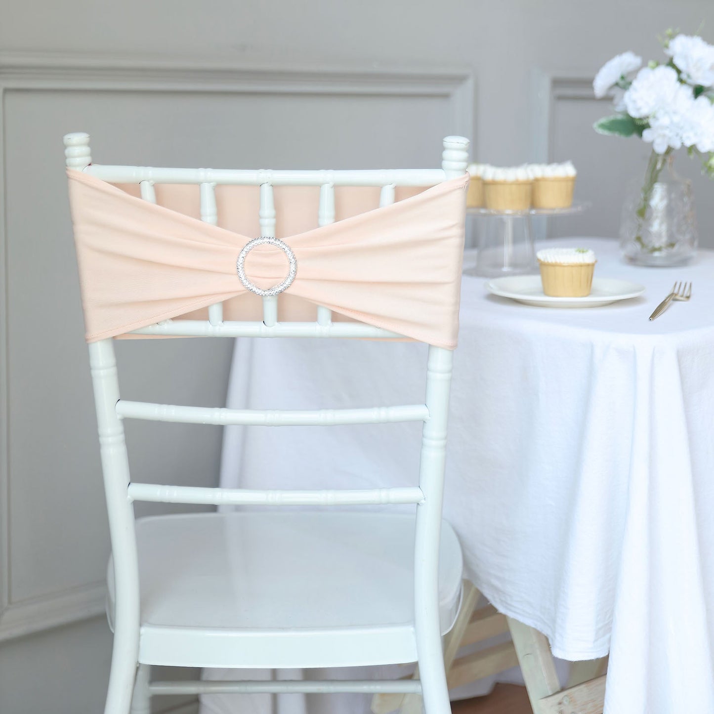 Pack Of 5 Blush Rose Gold Spandex Stretch Chair Sashes 5 Inch x 14 Inch With Silver Diamond Ring Slide Buckle