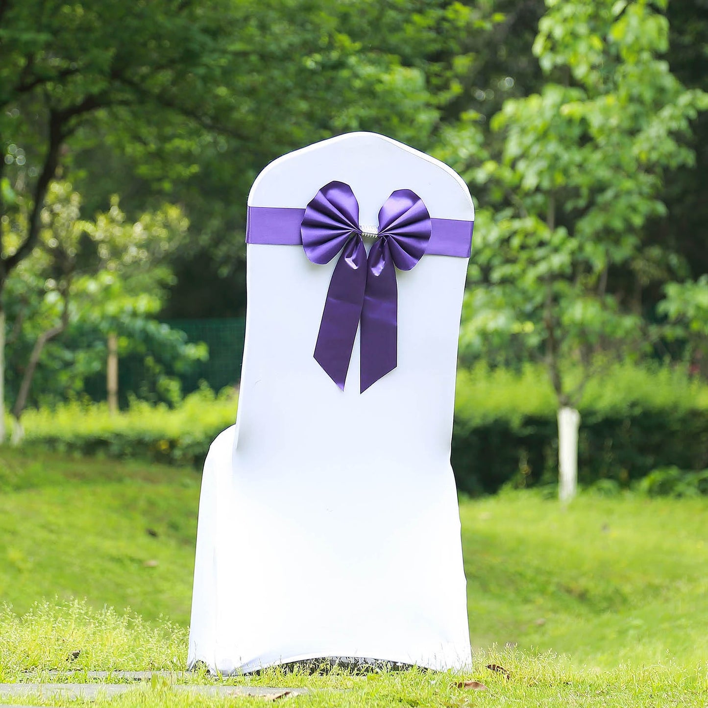 5 Pack | Purple | Reversible Chair Sashes with Buckle | Double Sided Pre-tied Bow Tie Chair Bands | Satin & Faux Leather