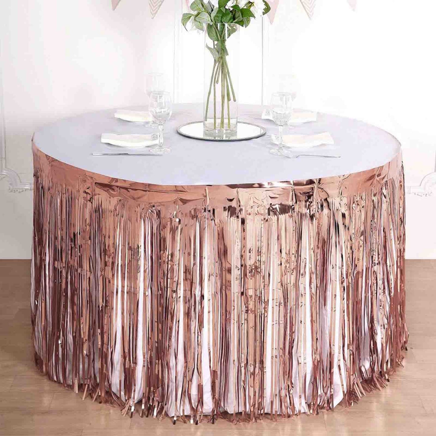 Blush Rose Gold Metallic Foil Table Skirt with Fringe Tinsel 30 Inch x 9 Feet