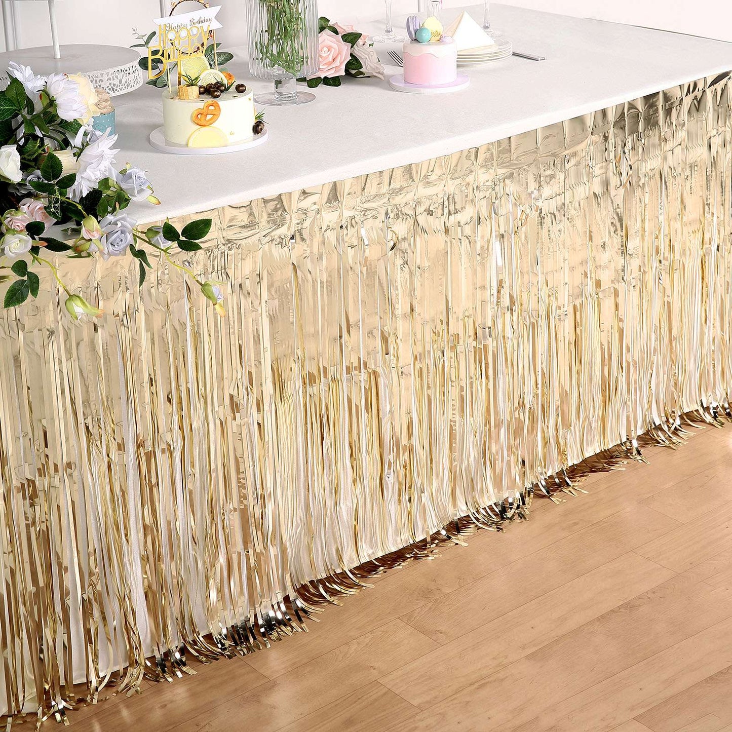 Champagne 30 Inch x 9 Feet Metallic Foil Fringe Tinsel Table Skirt