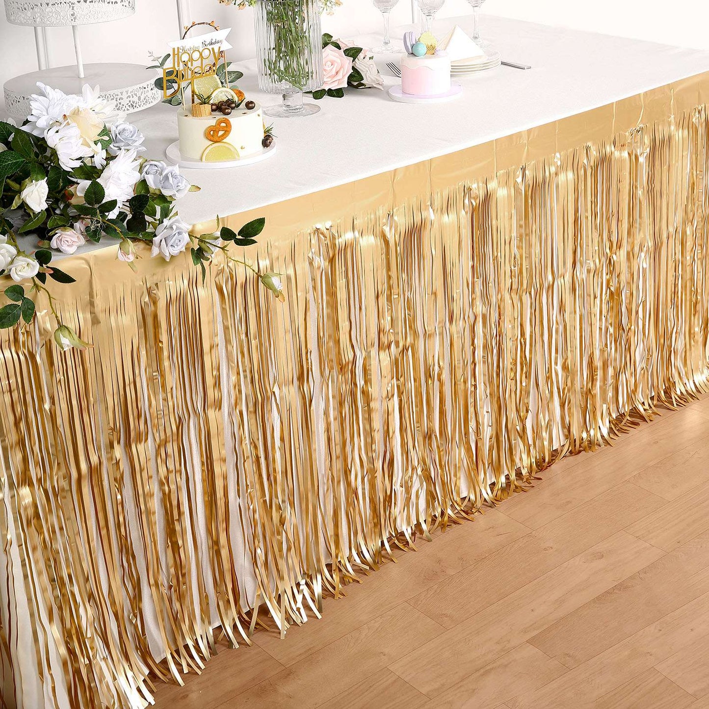 Matte Gold 30 Inch x 9 Feet Metallic Foil Fringe Tinsel Table Skirt