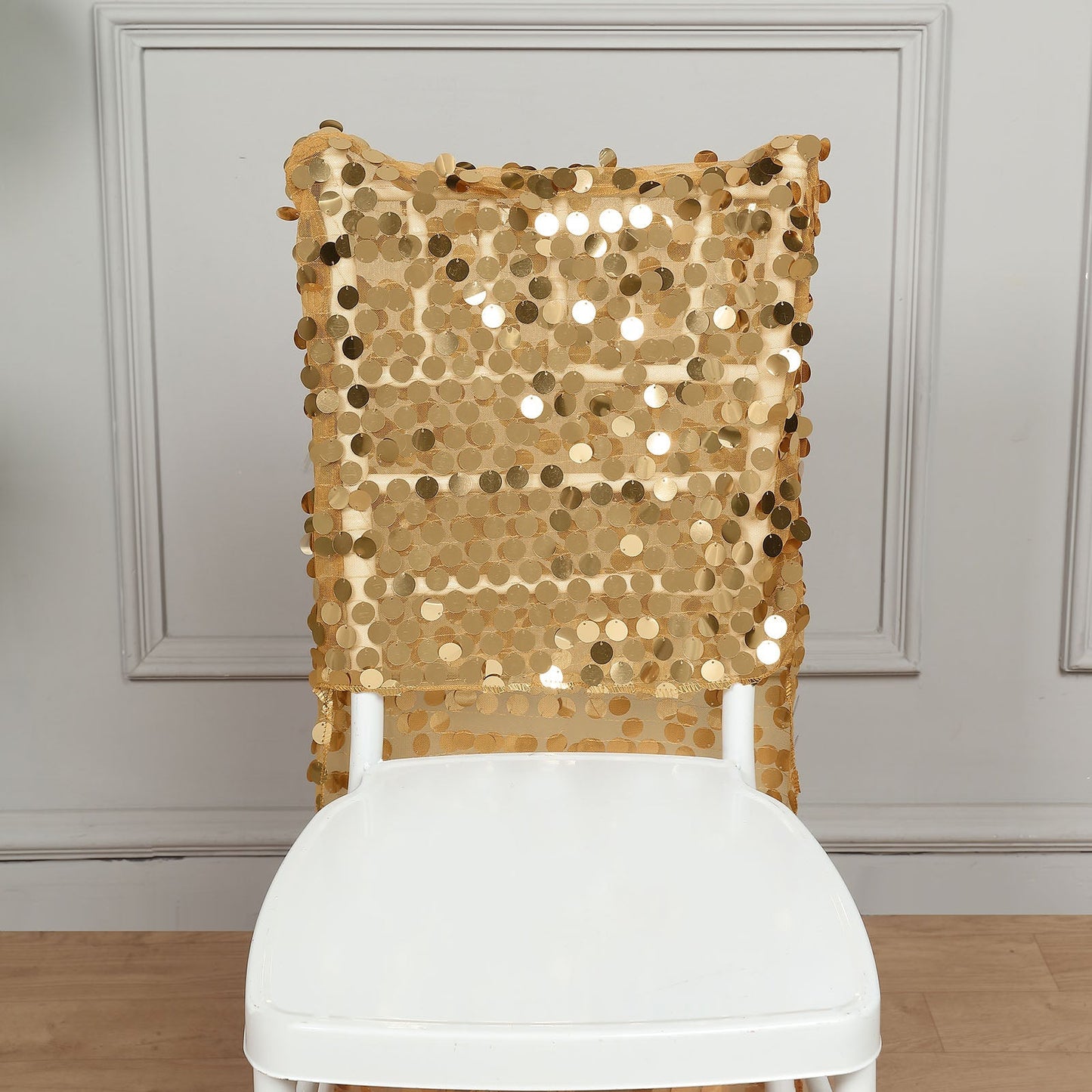 Gold sequin chair slipcover for Chiavari chair, perfect for events.