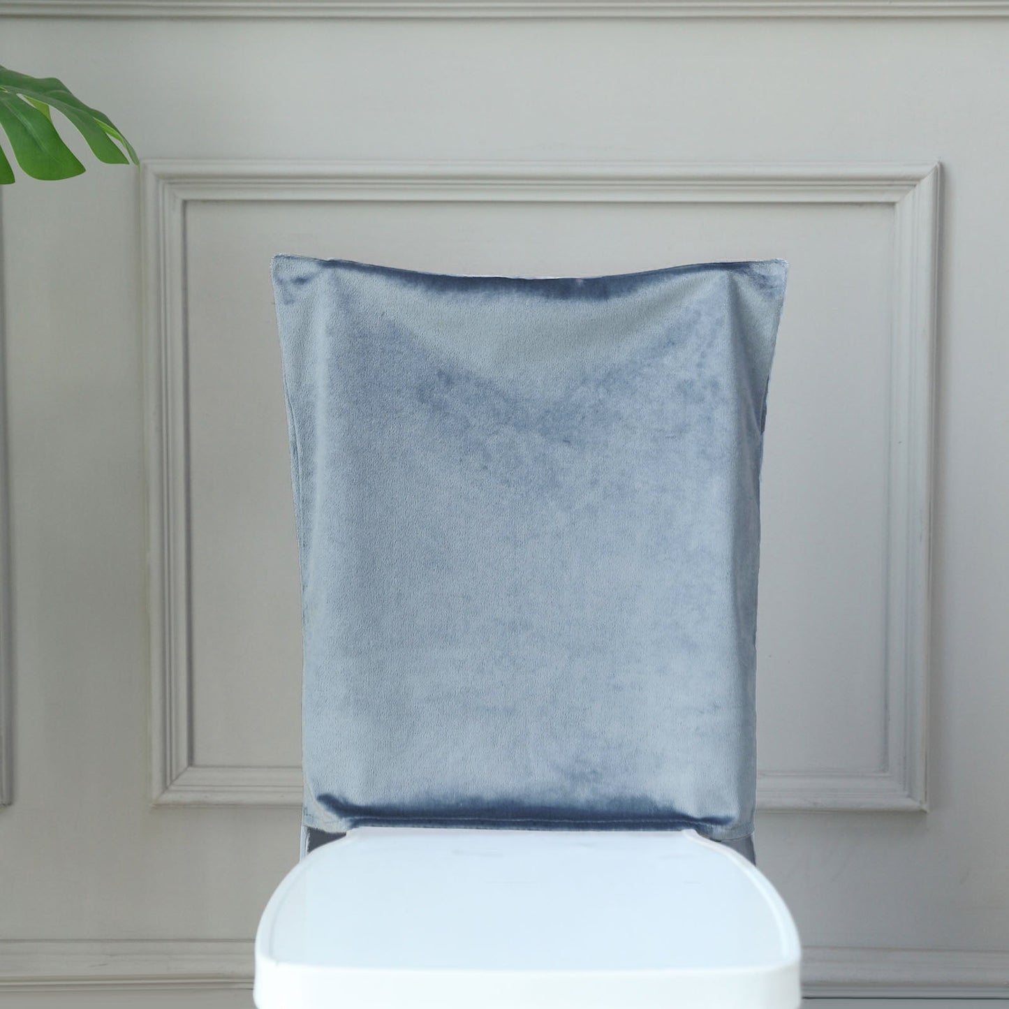 Dusty blue velvet Chiavari chair back slipcover.