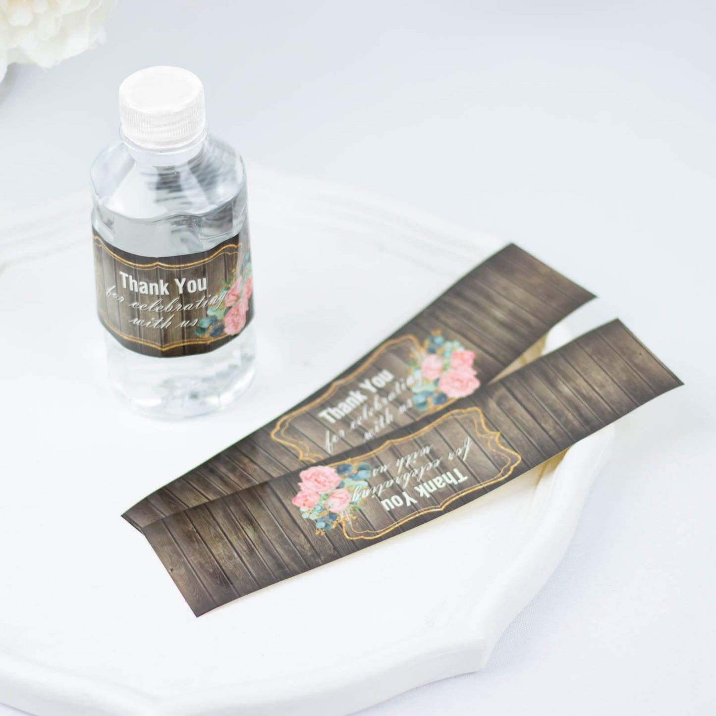 Rustic wood print water bottle labels with gold floral frame, "Thank You" design.