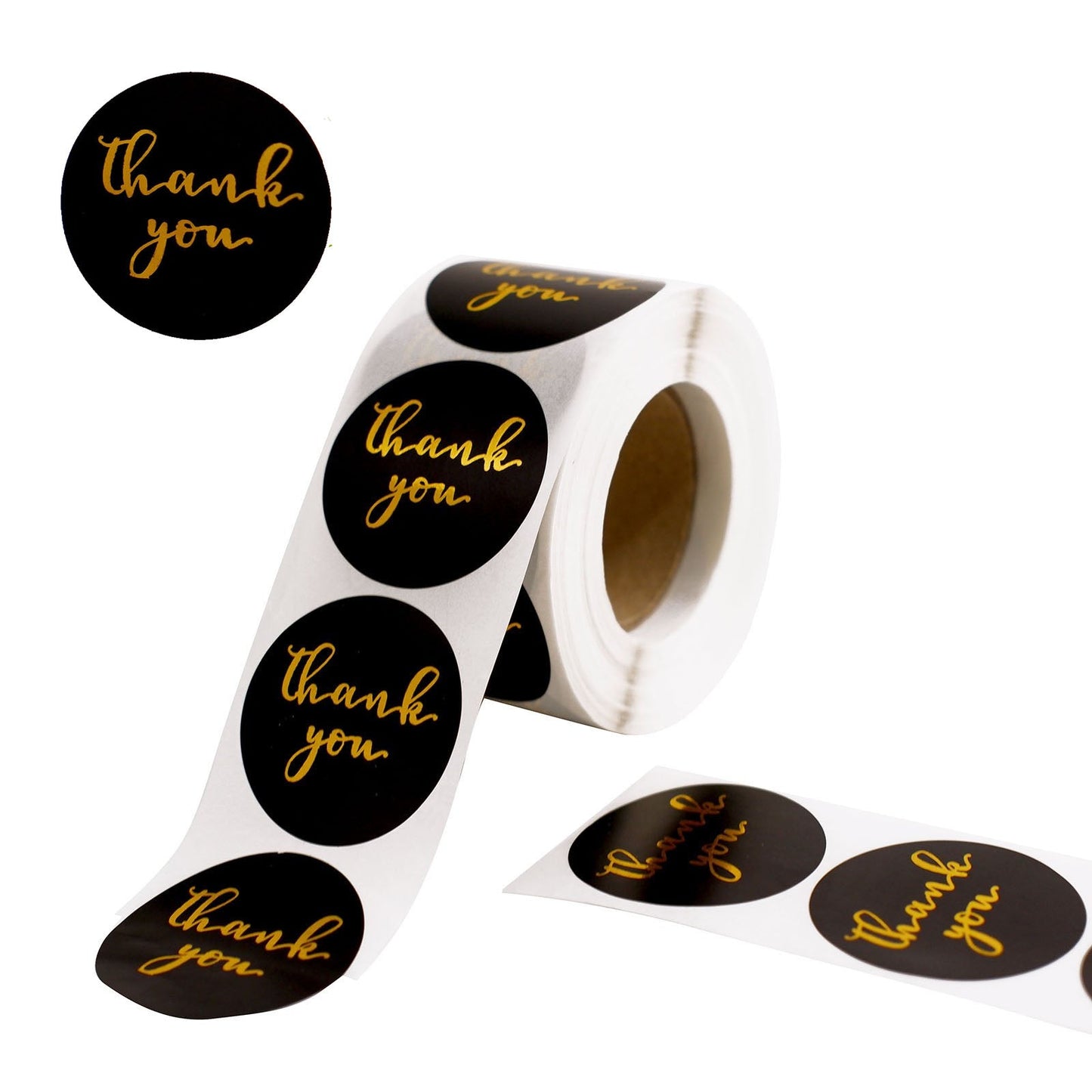 Black and gold "Thank You" stickers roll for DIY envelopes.