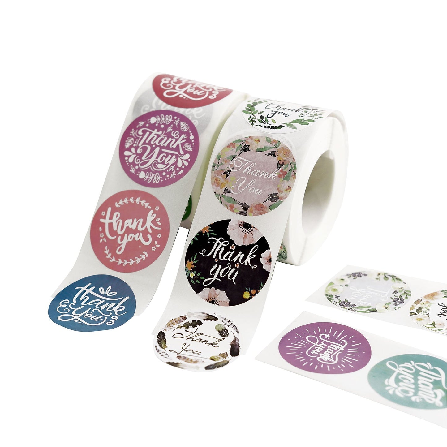 Assorted styles thank you sticker rolls for DIY envelopes. #whtbkgd