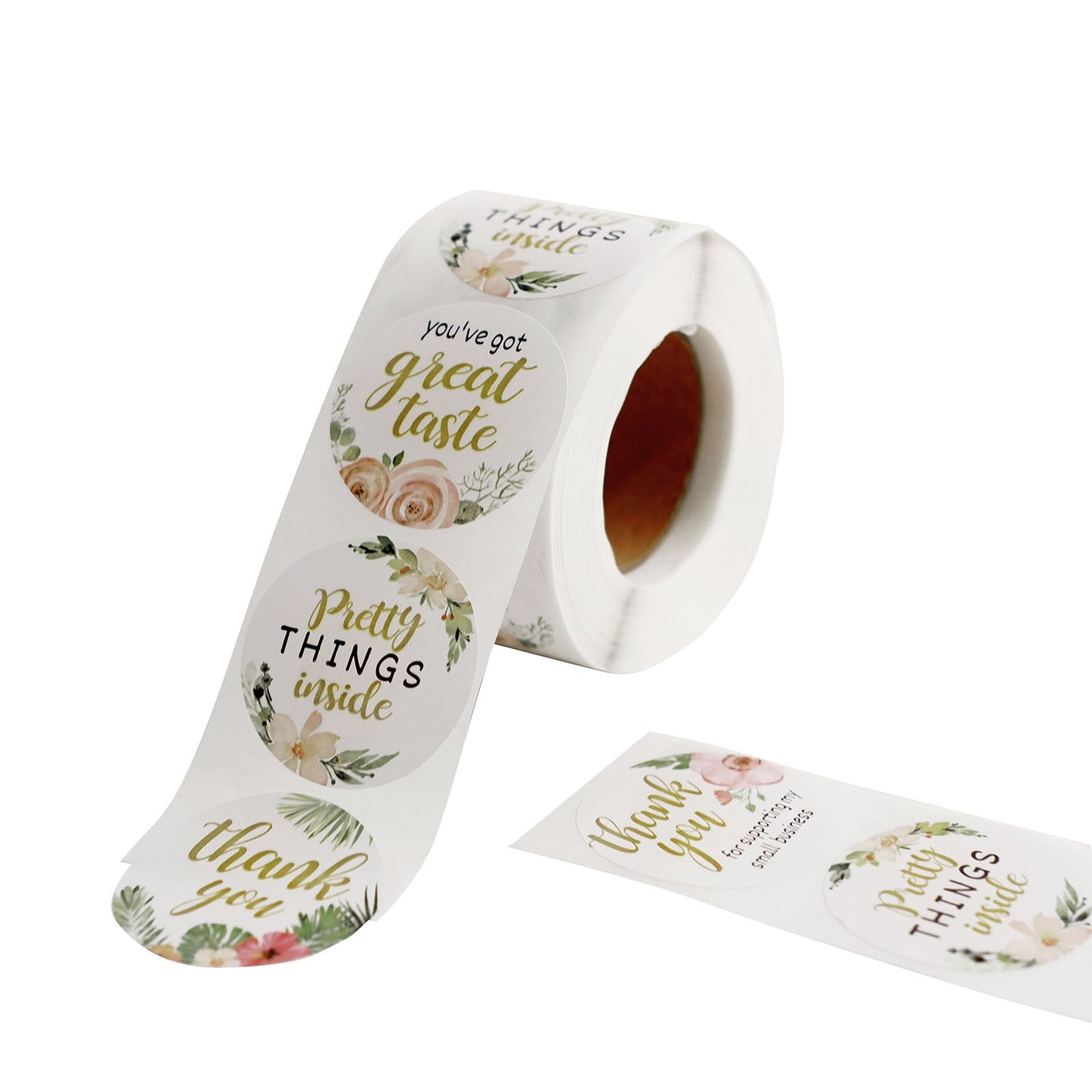 Thank you floral stickers roll with assorted designs and colors. #whtbkgd