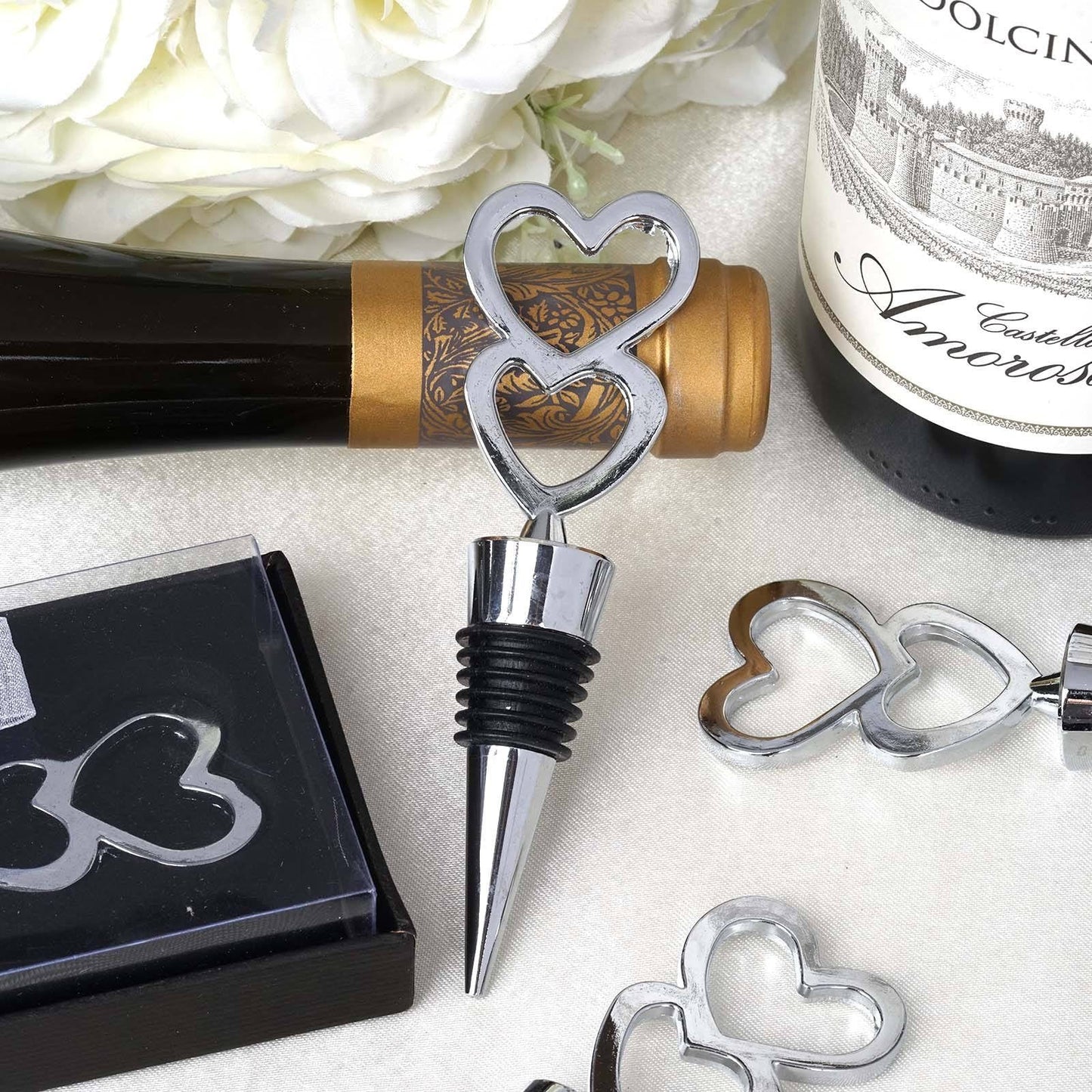 Wine Bottle Double Heart Silver Metal With Velvet Gift Box Stopper