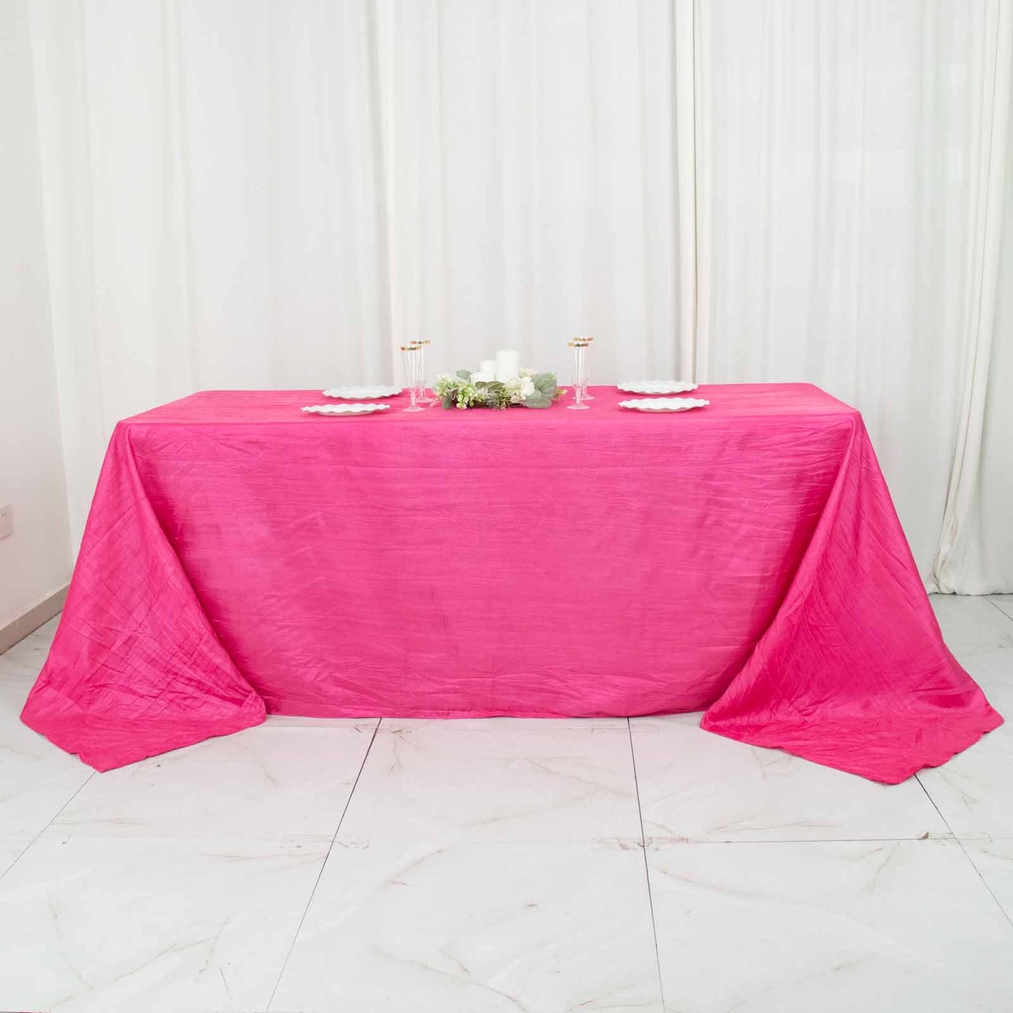 90"x132" Fuchsia Accordion Crinkle Taffeta Seamless Rectangular Tablecloth