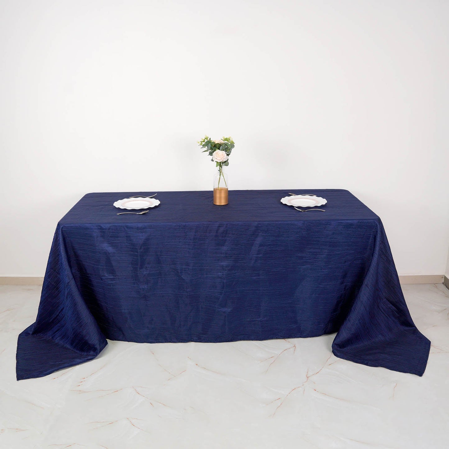 90"x132" Navy Blue Accordion Crinkle Taffeta Seamless Rectangular Tablecloth