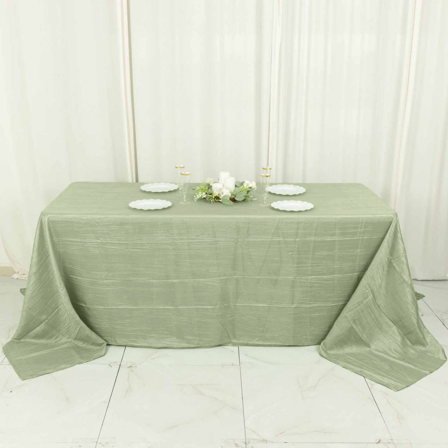 90"x132" Sage Green Accordion Crinkle Taffeta Seamless Rectangular Tablecloth