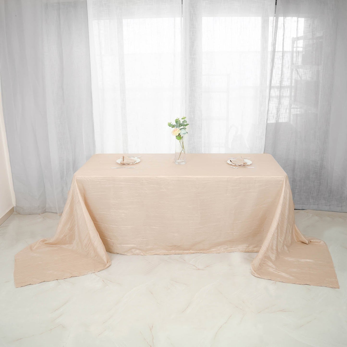 90"x156" Beige Accordion Crinkle Taffeta Seamless Rectangular Tablecloth