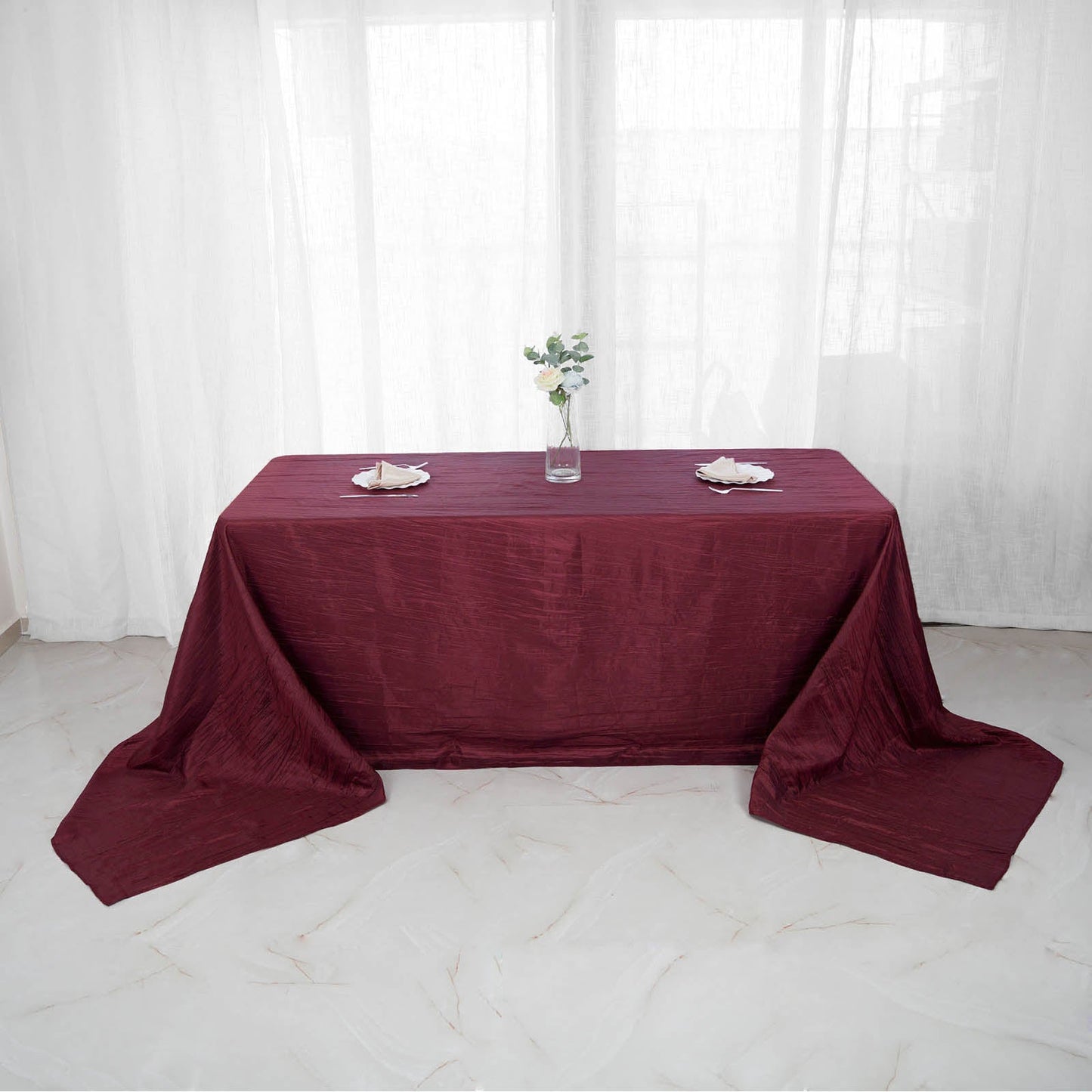 90"x156" Burgundy Accordion Crinkle Taffeta Seamless Rectangular Tablecloth