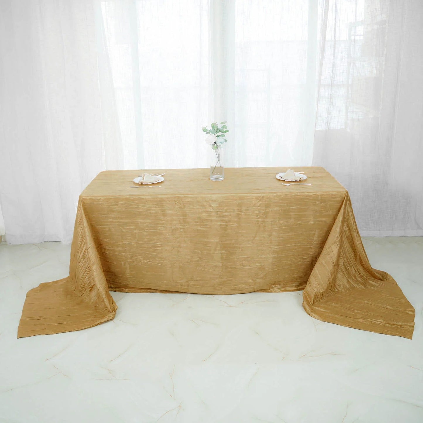 90"x156" Gold Accordion Crinkle Taffeta Seamless Rectangular Tablecloth