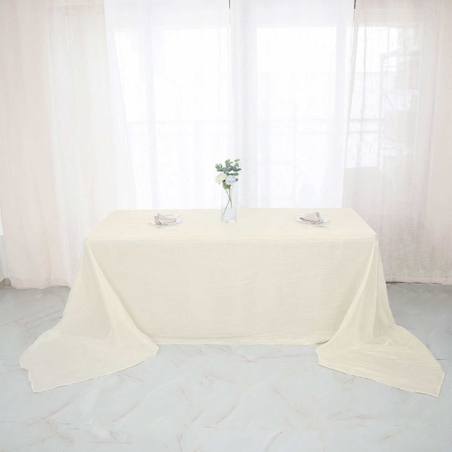 90"x156" Ivory Accordion Crinkle Taffeta Seamless Rectangular Tablecloth