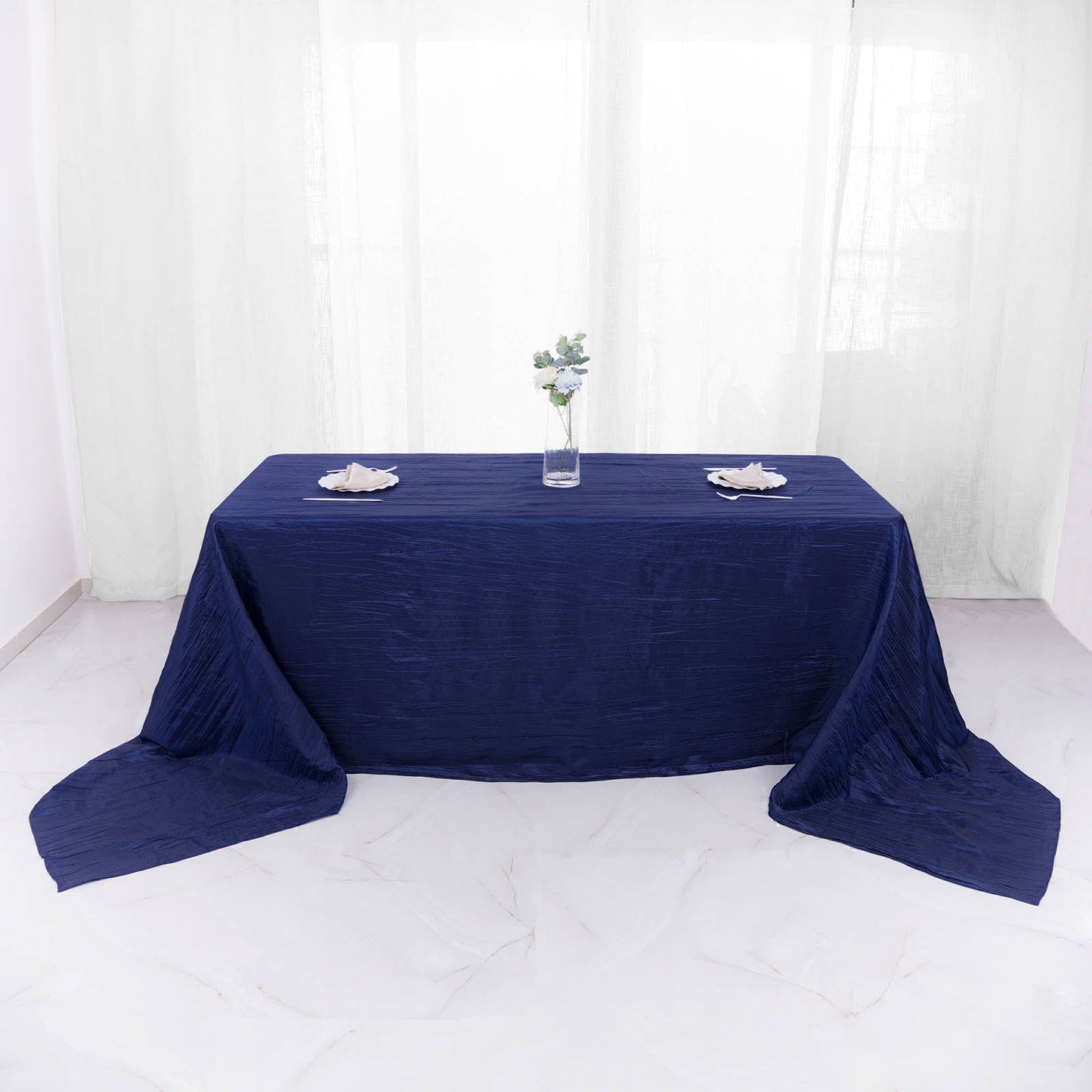 90"x156" Navy Blue Accordion Crinkle Taffeta Seamless Rectangular Tablecloth