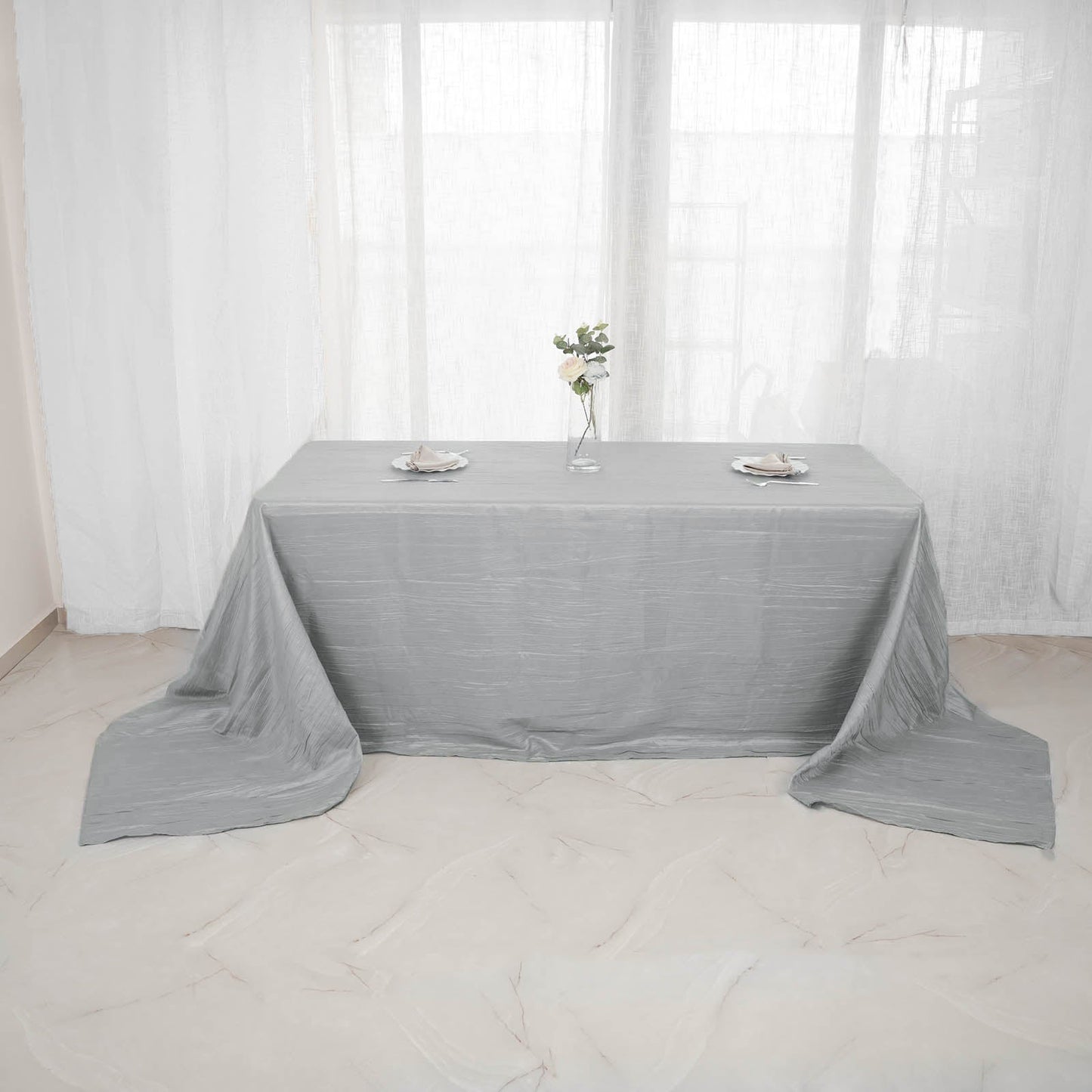 90"x156" Silver Accordion Crinkle Taffeta Seamless Rectangular Tablecloth
