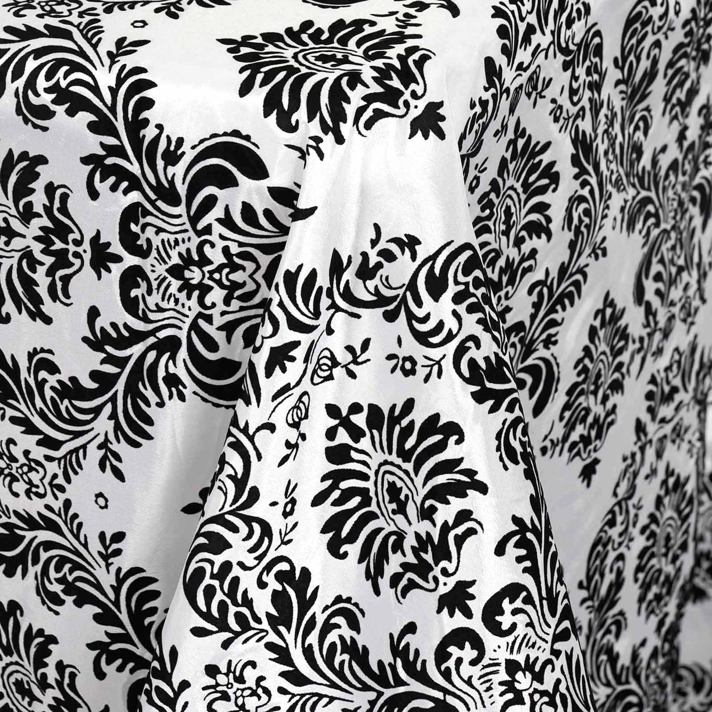 90 Inch x 132 Inch Flocking Design Taffeta Damask Tablecloth In Black Velvet Rectangle#whtbkgd