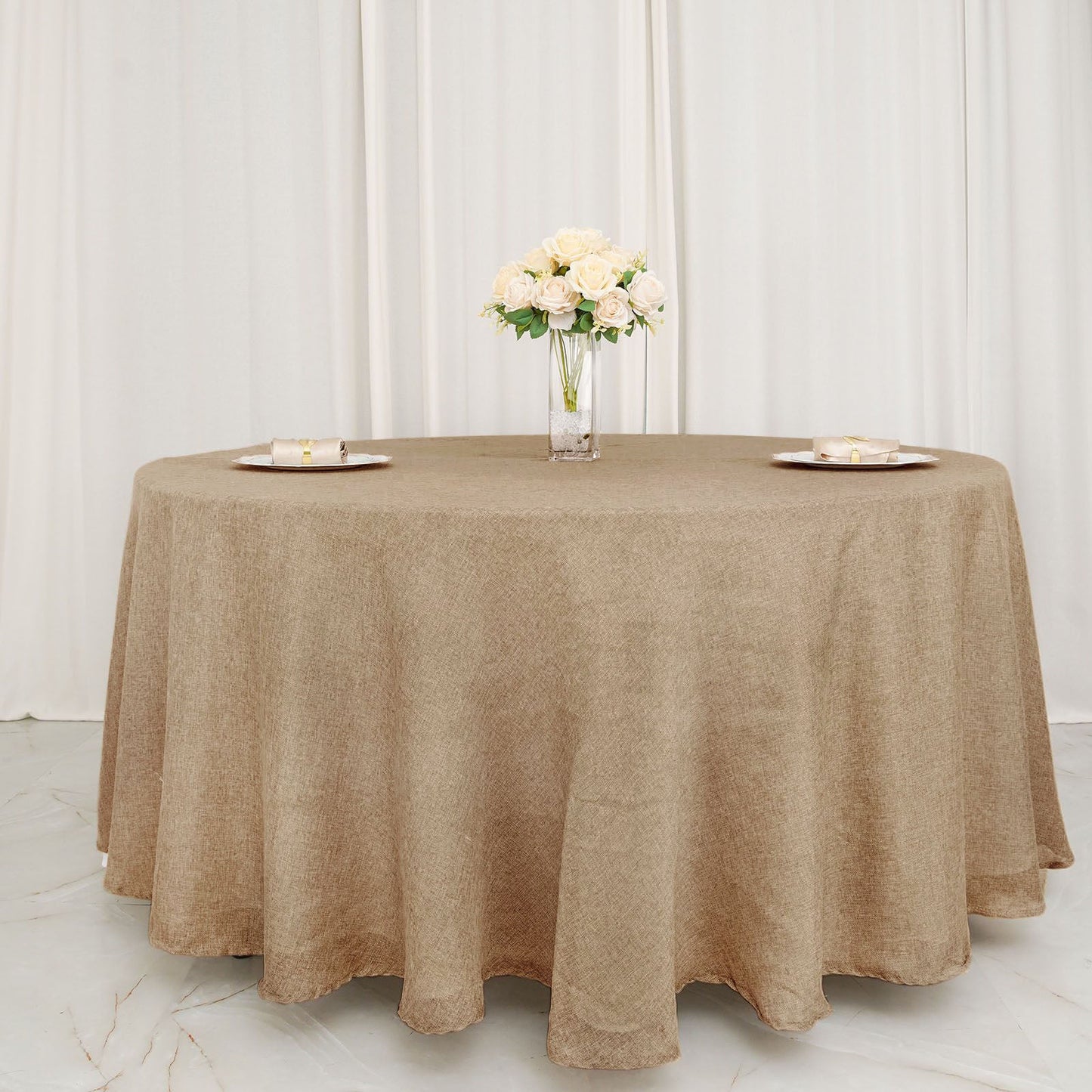 120 Inch Boho Chic Natural Colored Jute Faux Burlap Round Tablecloth