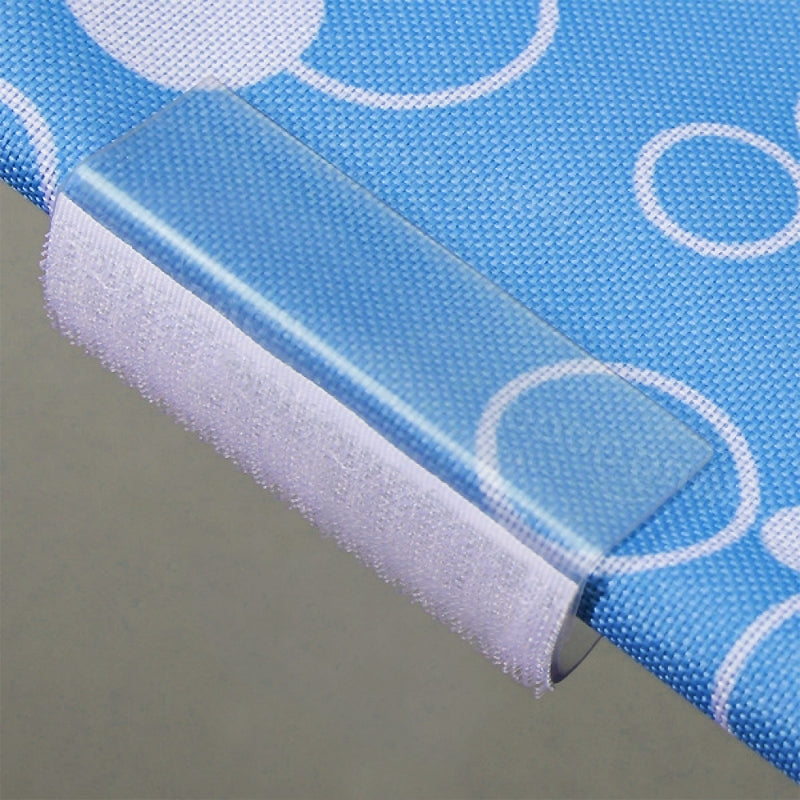 Blue adjustable plastic table skirt clips for securing table covers.