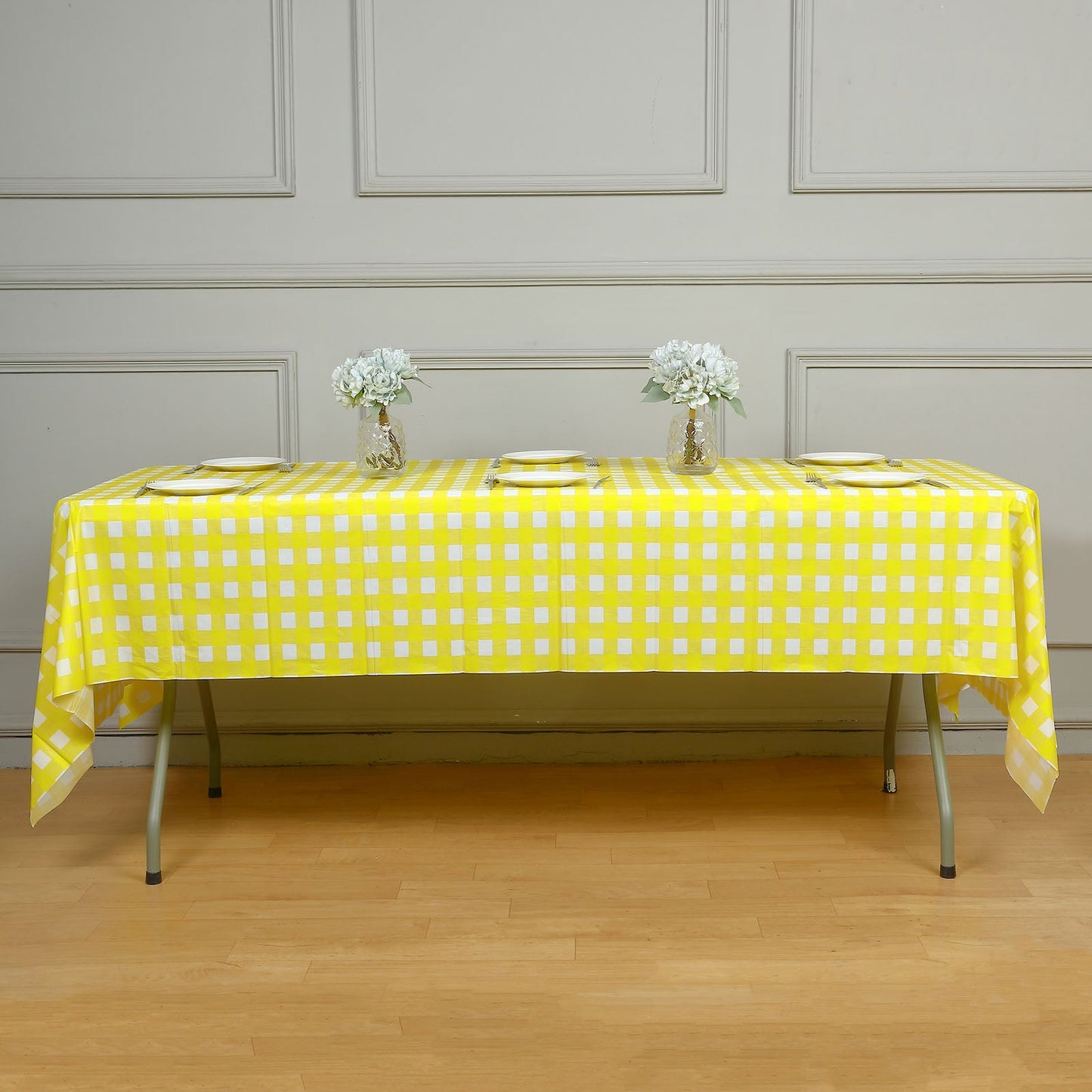 Waterproof White & Yellow Buffalo Plaid Checkered 54 Inch x 108 Inch Rectangle Vinyl PVC Tablecloth Disposable