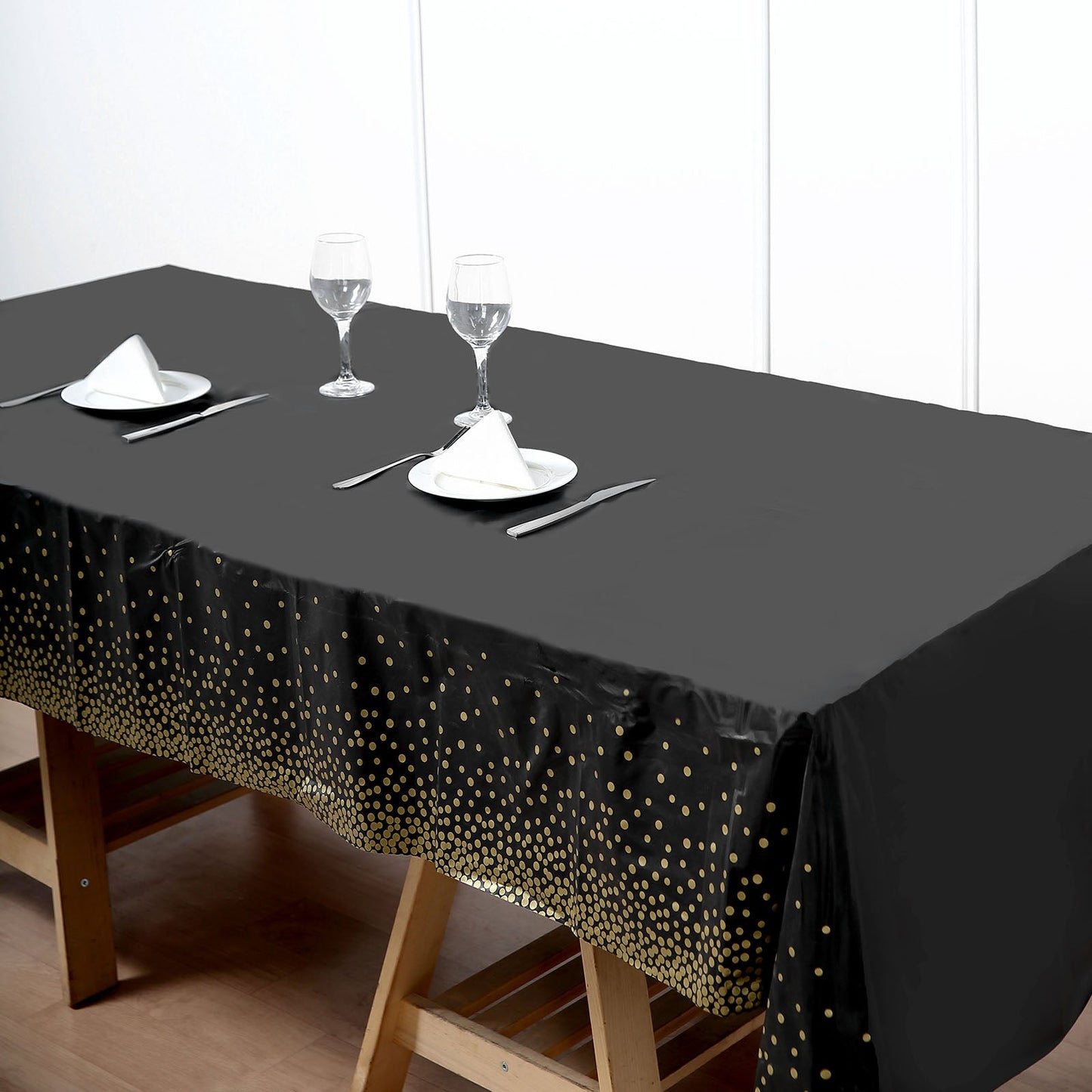 Black & Gold Dotted Waterproof Disposable 54 Inch x 108 Inch 10 Mil Thick PVC Tablecloth