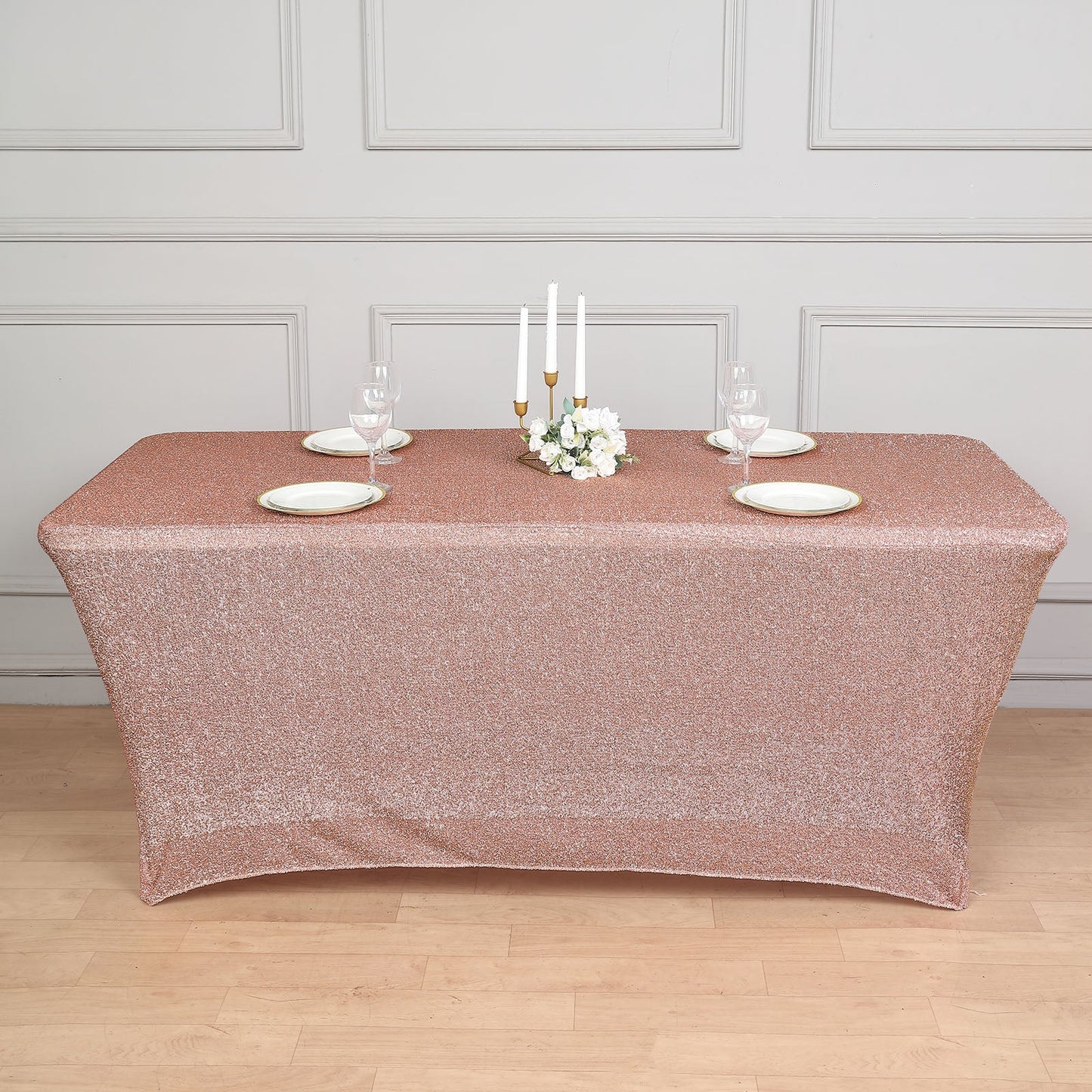 Blush & Rose Gold Metallic Tinsel Shimmer Spandex 6 Feet Rectangular Fitted Table Cover